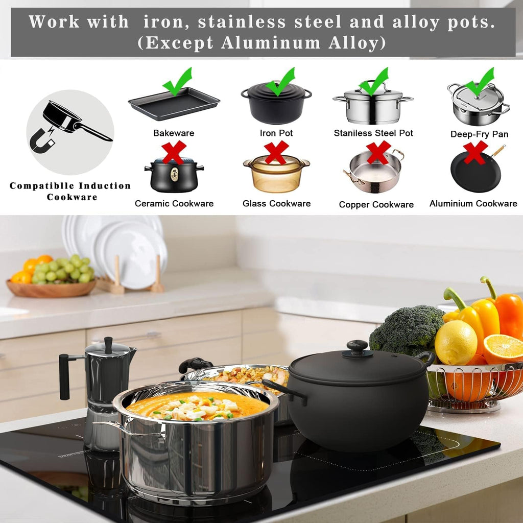 Karinear Induction Cooktop 4 Burner, 7400W 24'' Built-in Induction Stovetop with Flex Zone,Child Safety Lock, Timer, Boost, Slider Control Black Glass Electric Cooktop 240V Hard Wire(come with a pot)