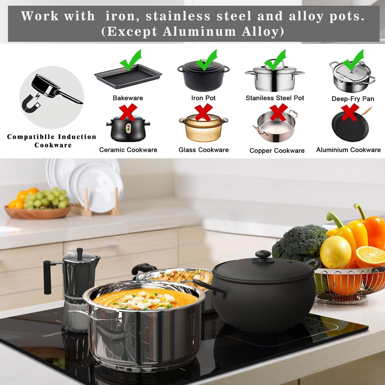 Karinear Induction Cooktop 4 Burner, 7400W 24'' Built-in Induction Stovetop with Flex Zone,Child Safety Lock, Timer, Boost, Slider Control Black Glass Electric Cooktop 240V Hard Wire(come with a pot)