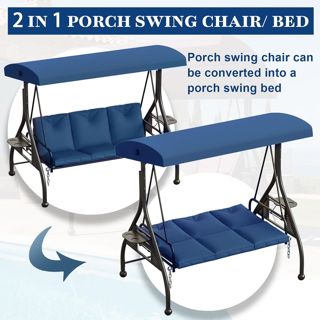 3 Seat Outdoor Porch Swing Chair with Adjustable Canopy, Patio Glider Swing Bed with Removable Cushion & Foldable Side Tray for Garden Backyard Deck Blue