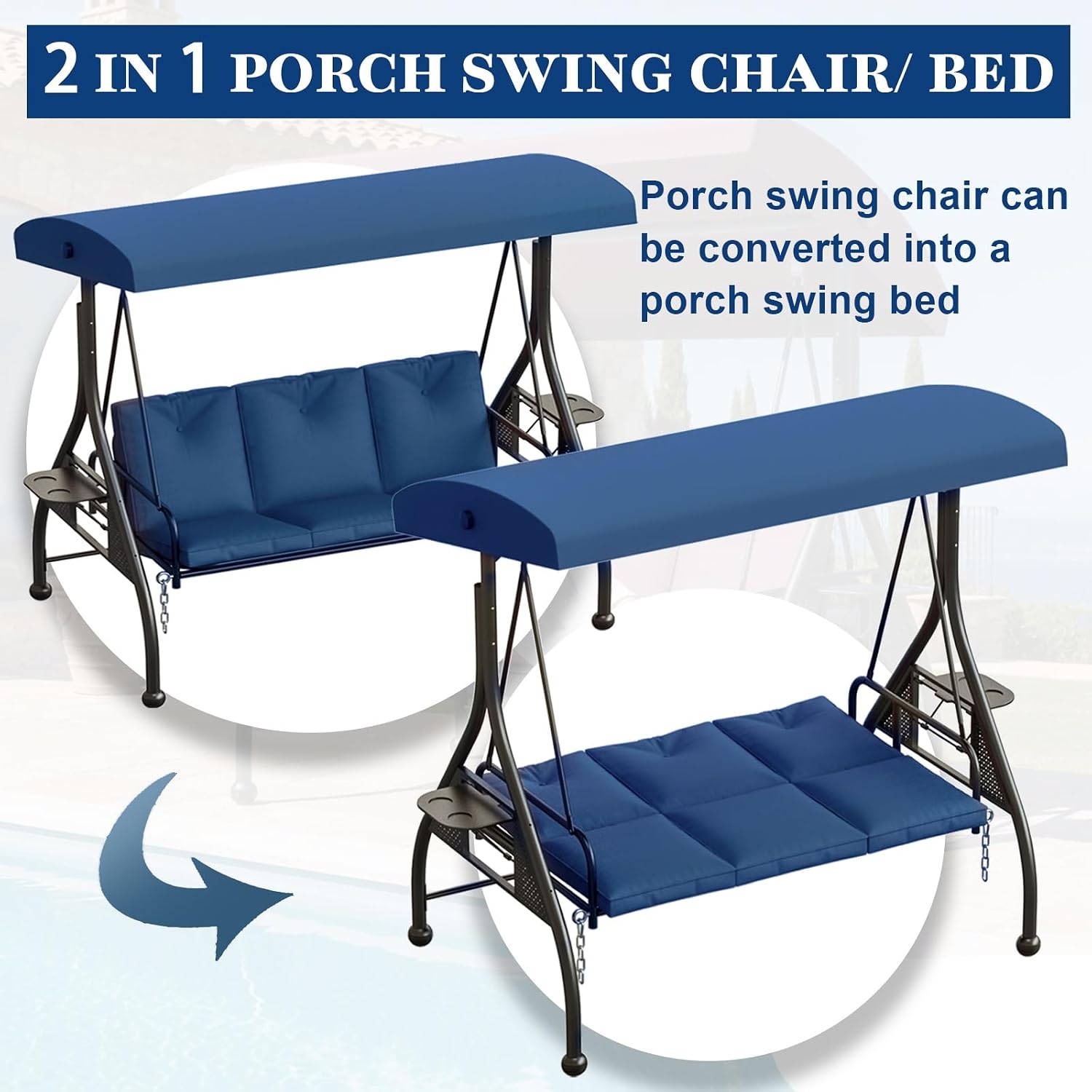 3 Seat Outdoor Porch Swing Chair with Adjustable Canopy, Patio Glider Swing Bed with Removable Cushion & Foldable Side Tray for Garden Backyard Deck Blue