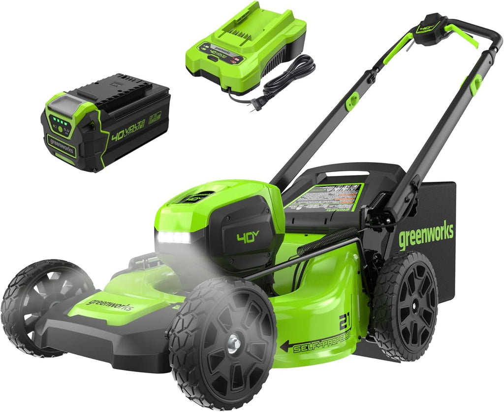 Greenworks 40V 21' Self-Propelled Cordless Lawn Mower – Brushless Motor, 5.0Ah Battery & Charger(75+ Tool Compatible)