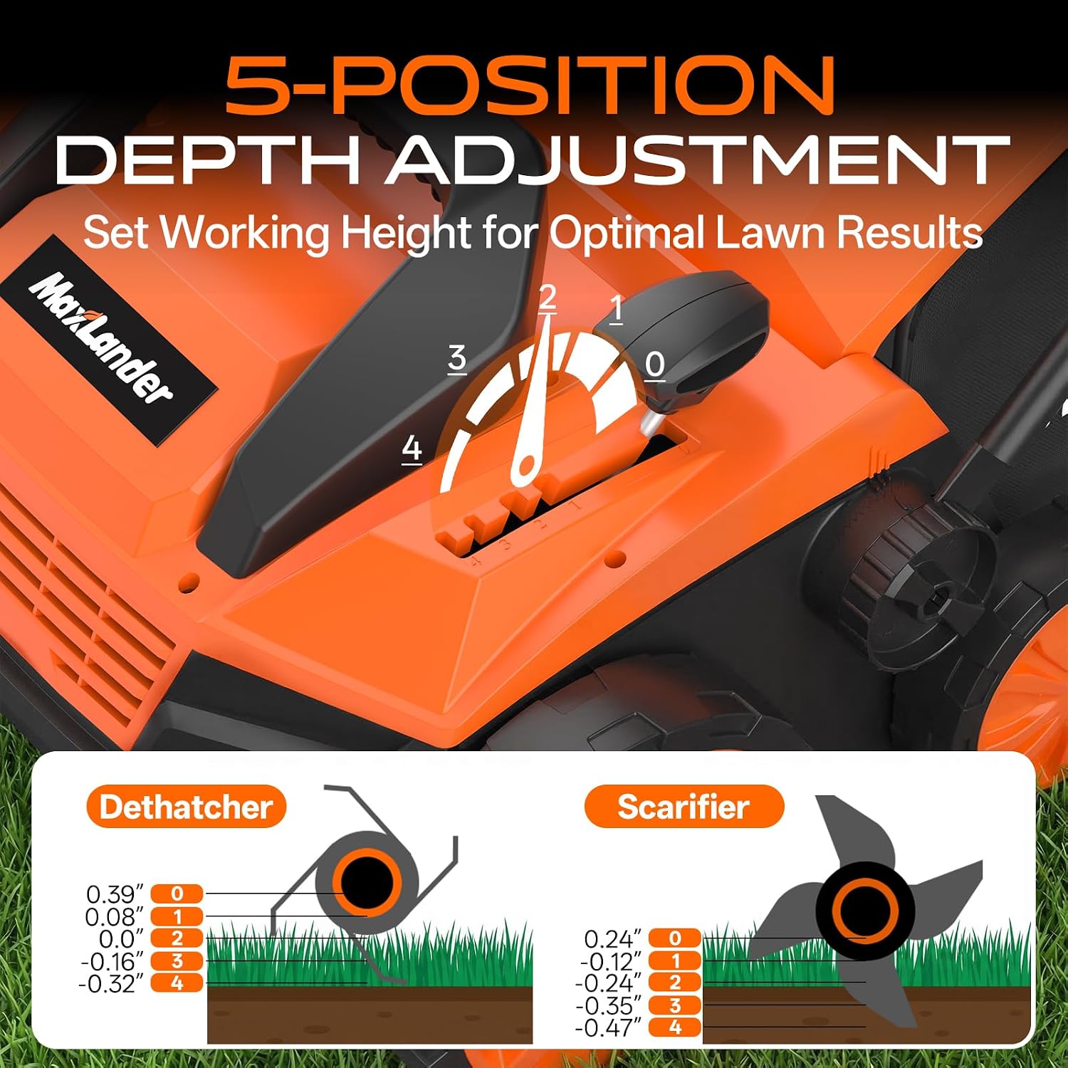 MAXLANDER 2-in-1 Electric Dethatcher and Scarifier, 15 Inch 13 Amp Corded Lawn Dethatcher with 5-Position Depth Adjustment, 45L Removable Collection Bag, Walk Behind Machine for Garden Yard Grass
