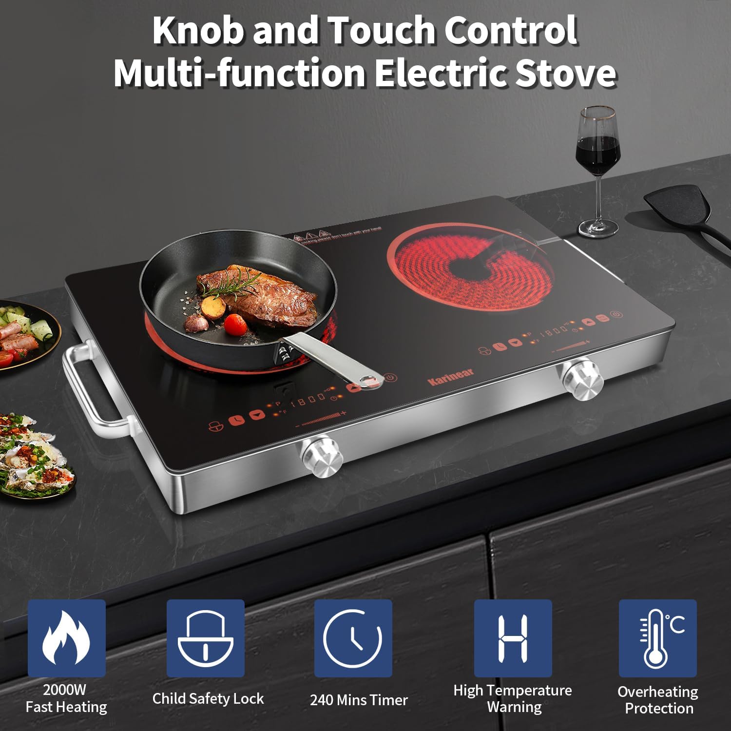 Karinear 2 Burner Electric Cooktop 110V, Portable Electric Stove with Handle, Knob Control Electri Hot Plate, Ceramic Countertop Burner, Timer, Safety Lock, 9 Power Level, 2000W, 24 inch(Gold)