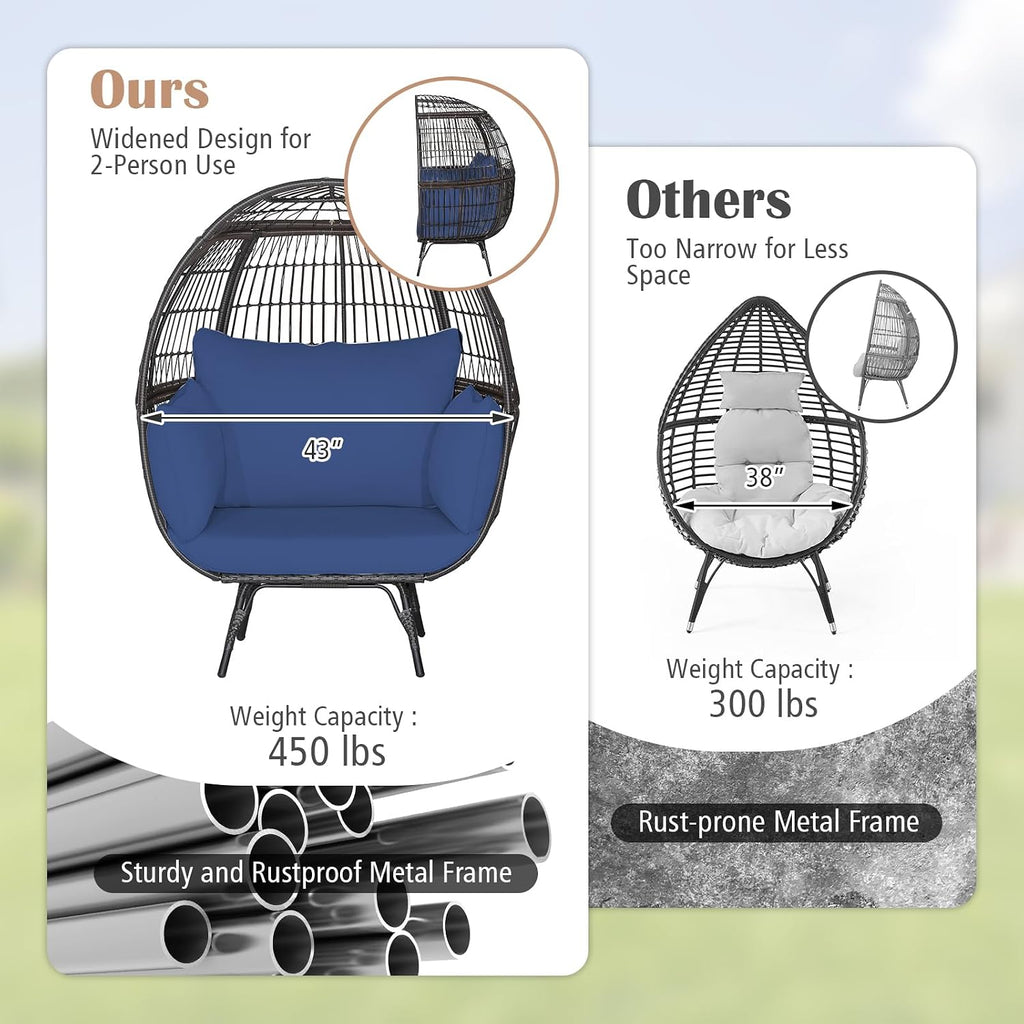 Giantex Oversized Wicker Egg Chair, Outdoor & Indoor Hammock Chair with Thick Cushions, 2-Person PE Rattan Lounge Chair Swing Chair for Patio, Backyard,Porch, 450 LBS Weight Capacity (Dark Blue)