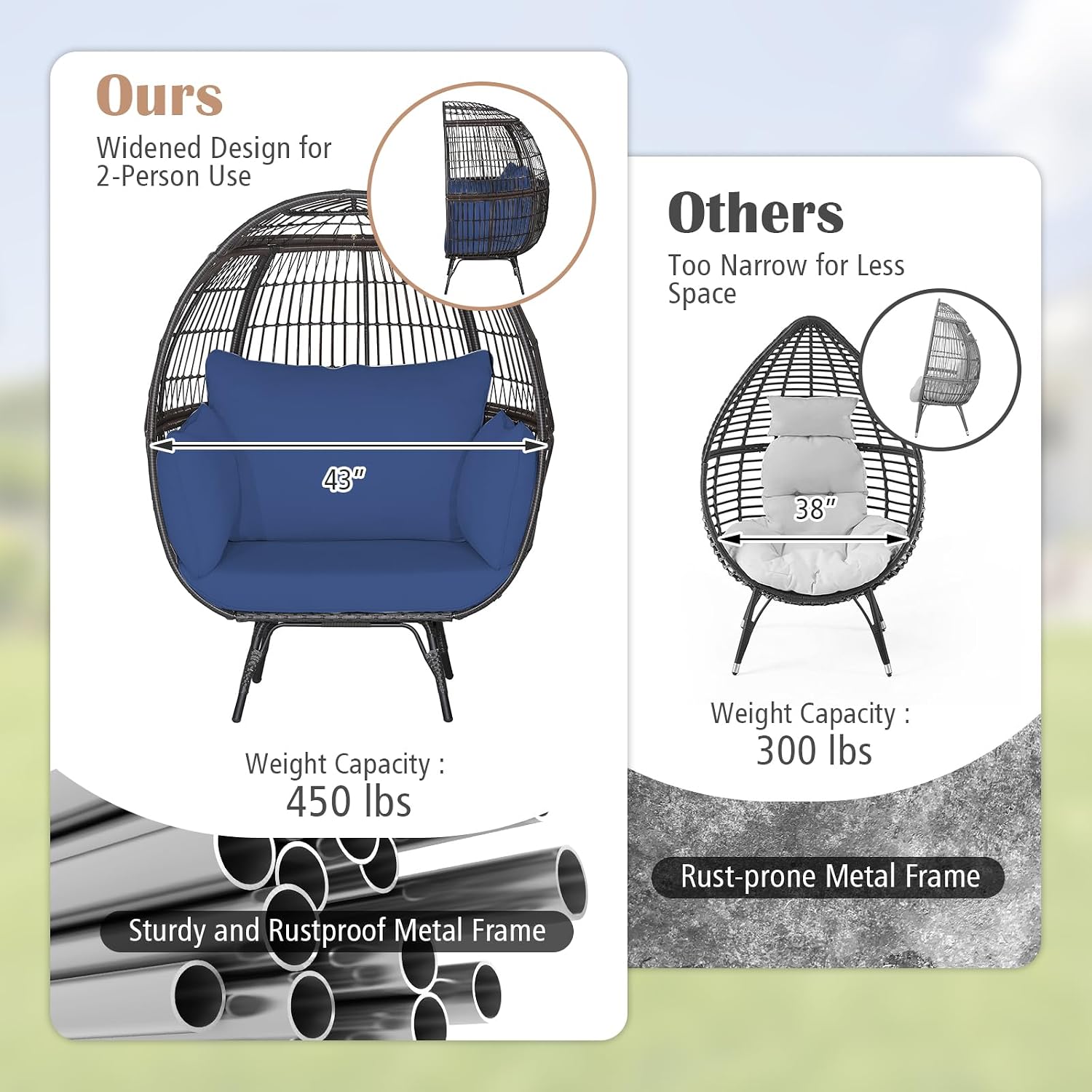 Giantex Oversized Wicker Egg Chair, Outdoor & Indoor Hammock Chair with Thick Cushions, 2-Person PE Rattan Lounge Chair Swing Chair for Patio, Backyard,Porch, 450 LBS Weight Capacity (Dark Blue)