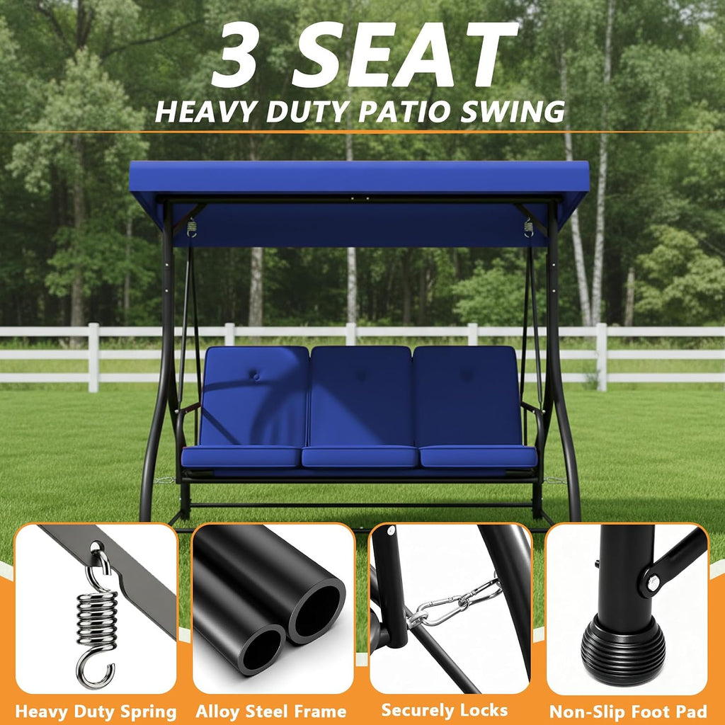 3-Seat Porch Swing Bed with Adjustable Canopy & Removable Cushions, Heavy Duty Steel Frame Outdoor Patio Swings Glider Chair for Backyard, Garden, Deck, Blue