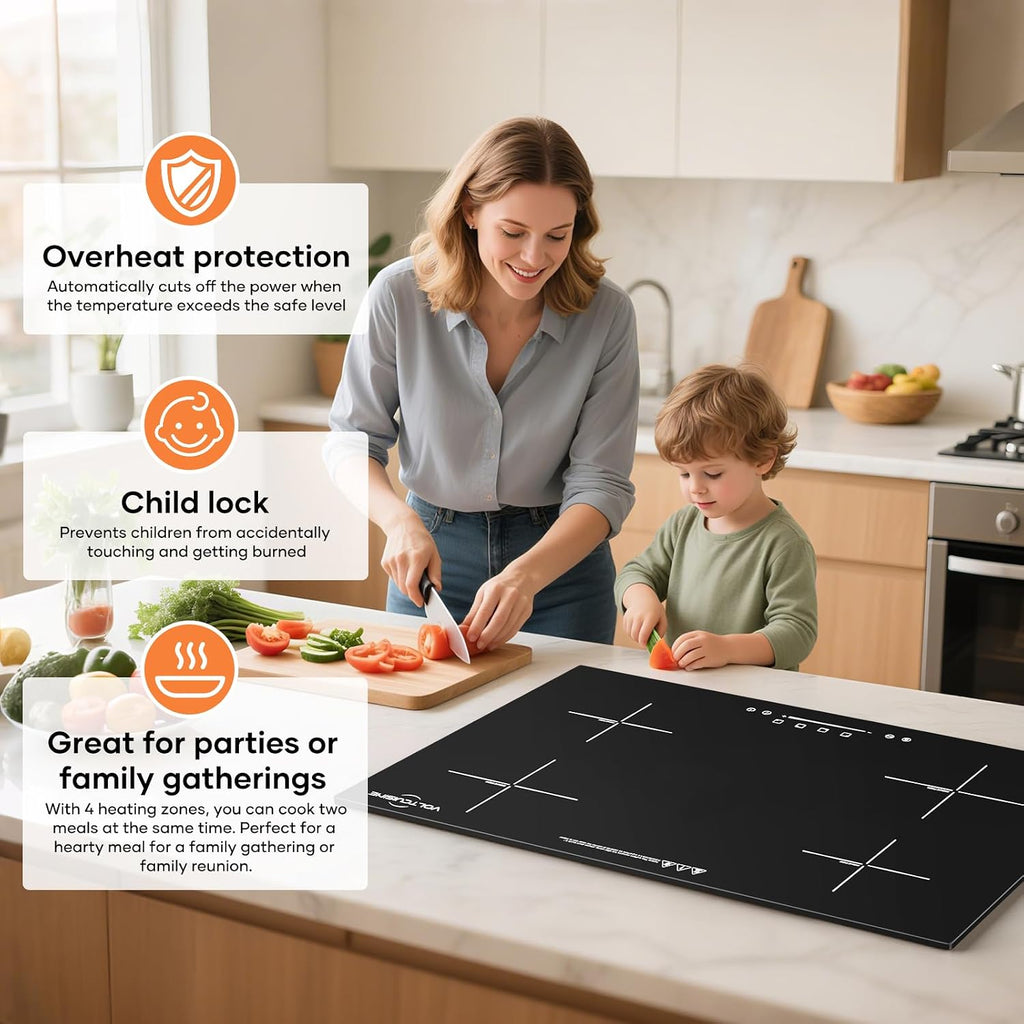 30' 4-Burner Built-in Induction Cooktop 6600W, Countertop Electric Stove with Touch Control, 9 Power Levels, Timer & Child Lock, Easy-Clean Black Glass Surface (220–240 V)