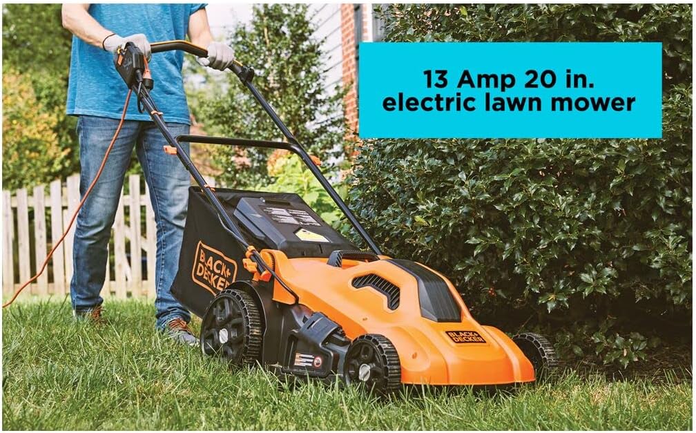 BLACK+DECKER Electric Push Lawn Mower, Corded, 13 Amp, 20-Inch Cutting Deck, 6 Setting Height Adjustment, Compact Storage, Collection Bag (BEMW213)