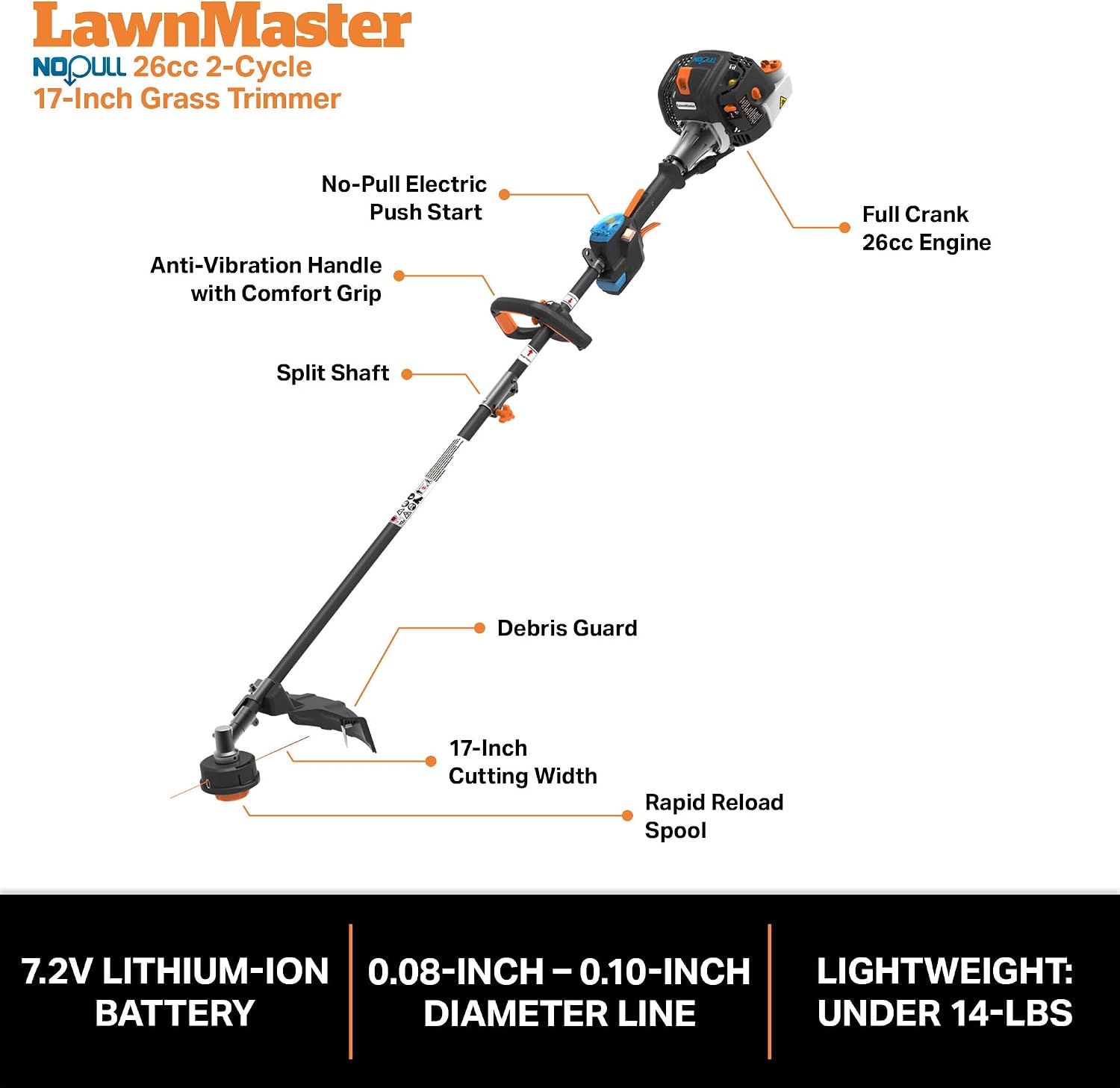 LawnMaster NPTGSP2617A No-Pull Gas Grass Trimmer with Electric Start 26cc 2 Cycle 17-Inch