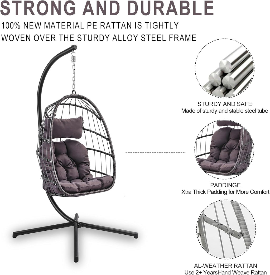 Indoor Outdoor Patio Wicker Hanging Chair Swing Chair Patio Egg Chair UV Resistant Cushion Aluminum Frame (Grey)