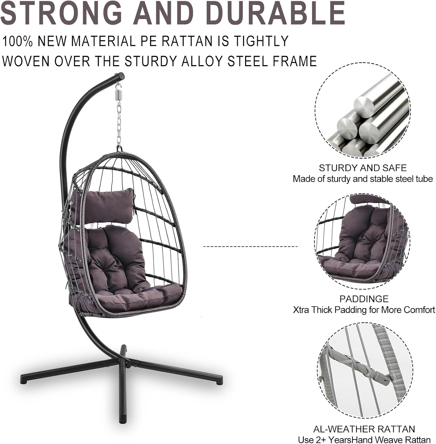 Indoor Outdoor Patio Wicker Hanging Chair Swing Chair Patio Egg Chair UV Resistant Cushion Aluminum Frame (Grey)
