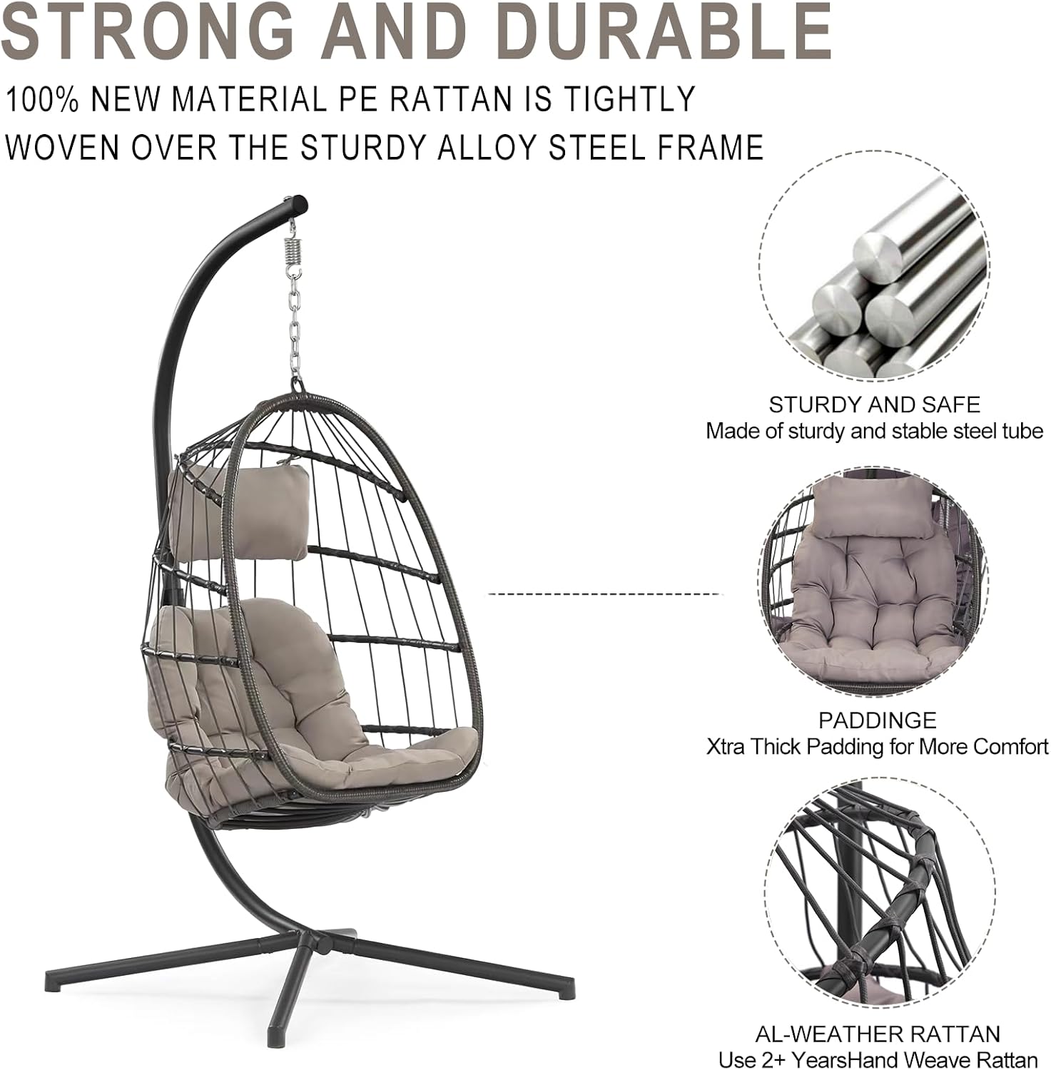Indoor Outdoor Patio Wicker Hanging Chair Swing Chair Patio Egg Chair UV Resistant Cushion Aluminum Frame (LIGHT GREY)