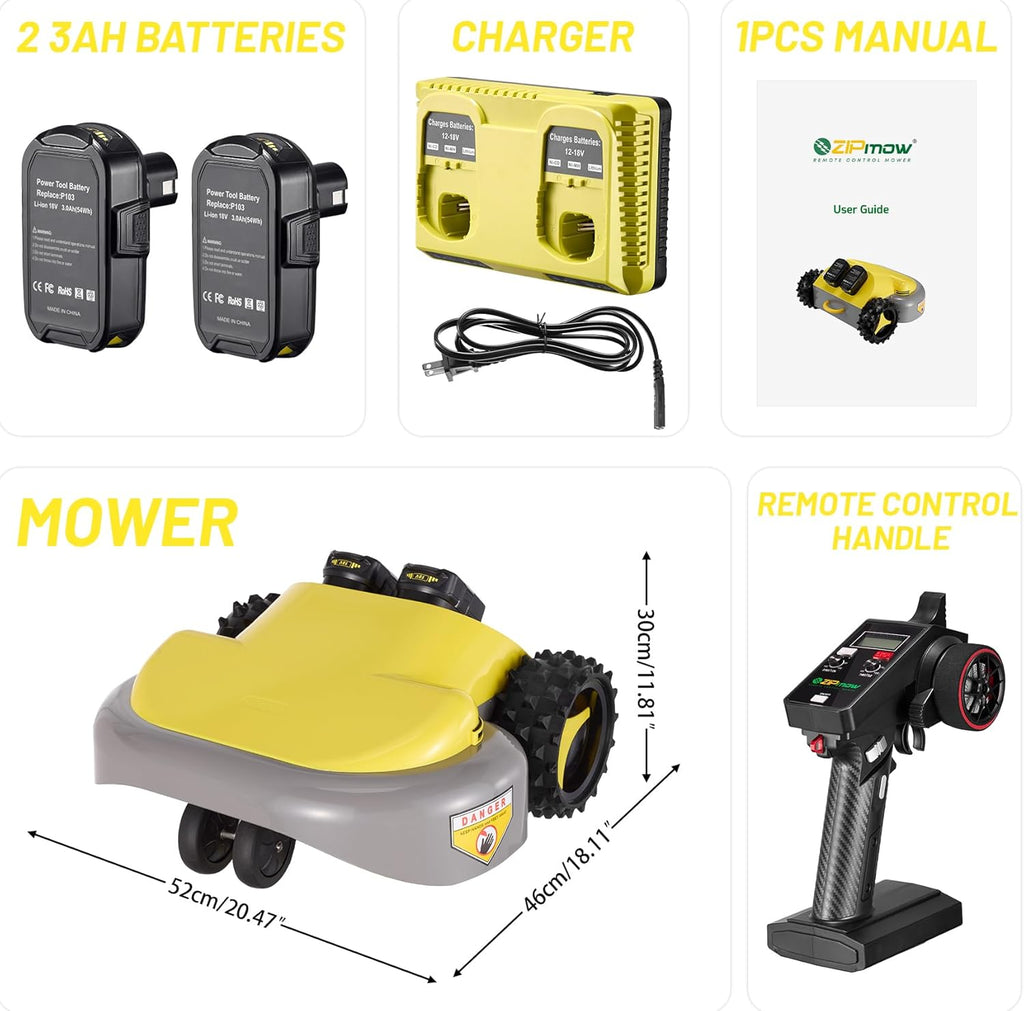 Remote Control Lawn Mower - Cordless All-Wheel Drive RC Mower, 45° Slope Climbing, 2'-3' Height Adjustment, Dual 3Ah Batteries (Up to 60 Min Runtime), No Gas No Oil