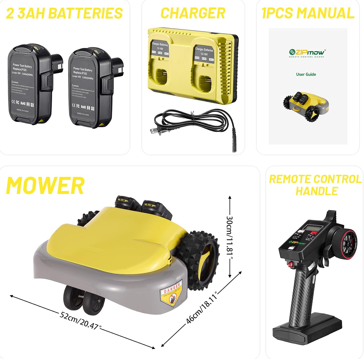 Remote Control Lawn Mower - Battery Powered Rc Lawn Mower, Cut Height 2.0'-3.0', 40% Slope, Remote Control with Adjustable Speeds, 100% Electric All-Wheel Drive