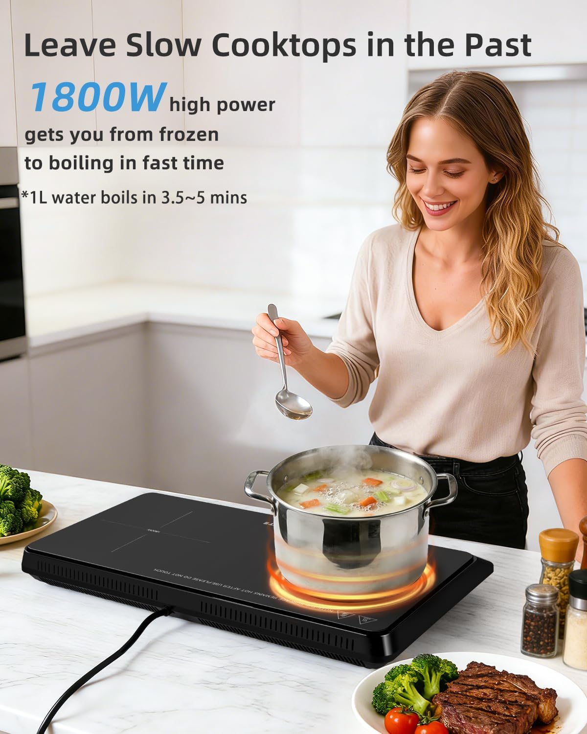 Double Induction Cooktop, ULTRAKTE Portable Dual Countertop Burner with Sensor Touch, 1800W Induction Cooktop 2 Burner, Electric Countertop Cooker with 10 Temp & Power Levels, 8-Hour Timer,Safety Lock