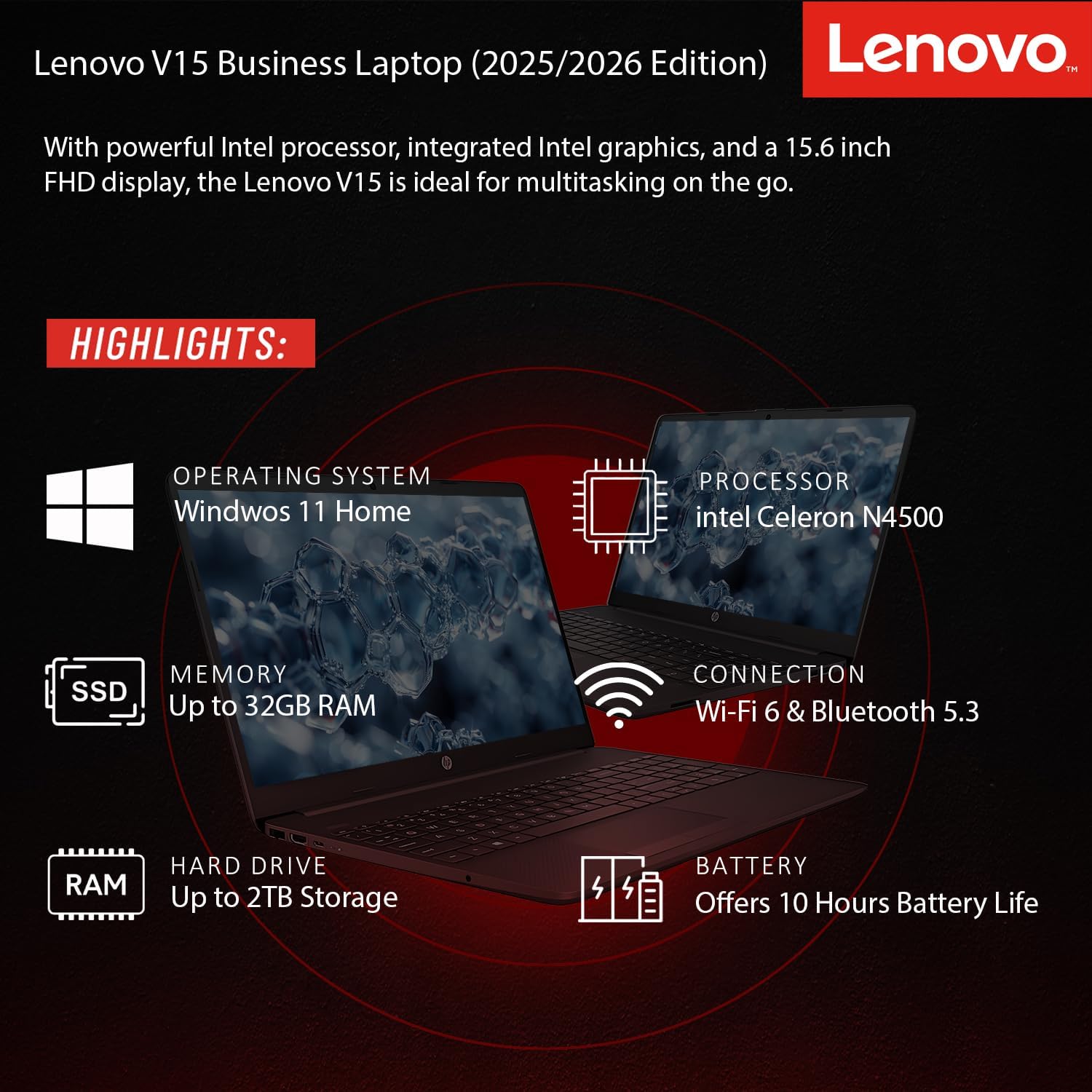 Lenovo 2026 Newly Designed Business and Student Laptop, Intel Powerful Processor, 16GB RAM, 512GB SSD, 15.6' FHD Display, Ethernet RJ-45, Ultra Quiet Design, Long Battery Life, Wi-Fi 6, Windows 11