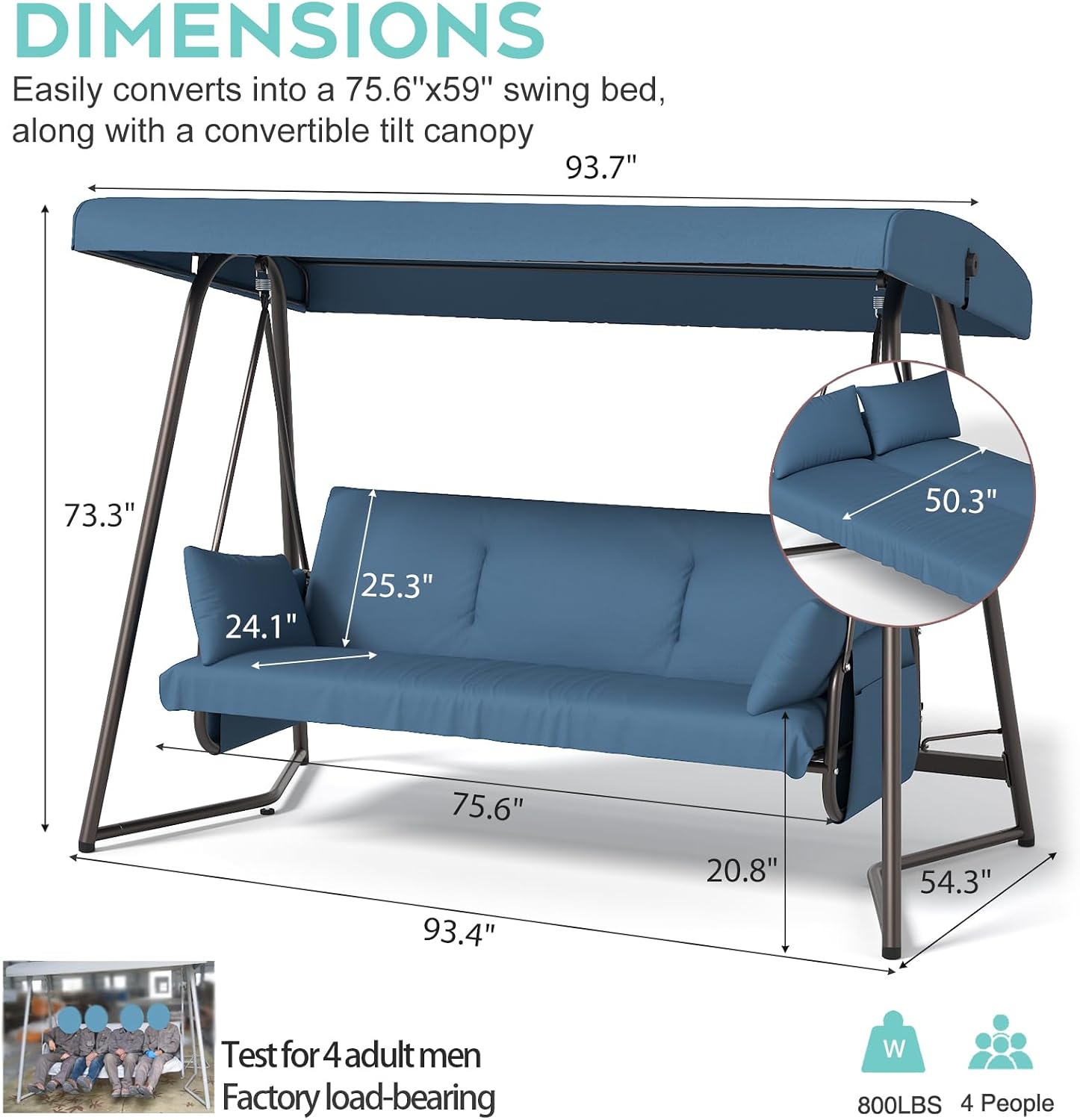 3-4 Seat Oversized Outdoor Porch Swing with Adjustable Backrest Canopy,2-in 1 Swing Bed with Stand 800 lbs Capacity,Patio Swing Chair with Removable Cushions for Yard Garden Poolside Balcony