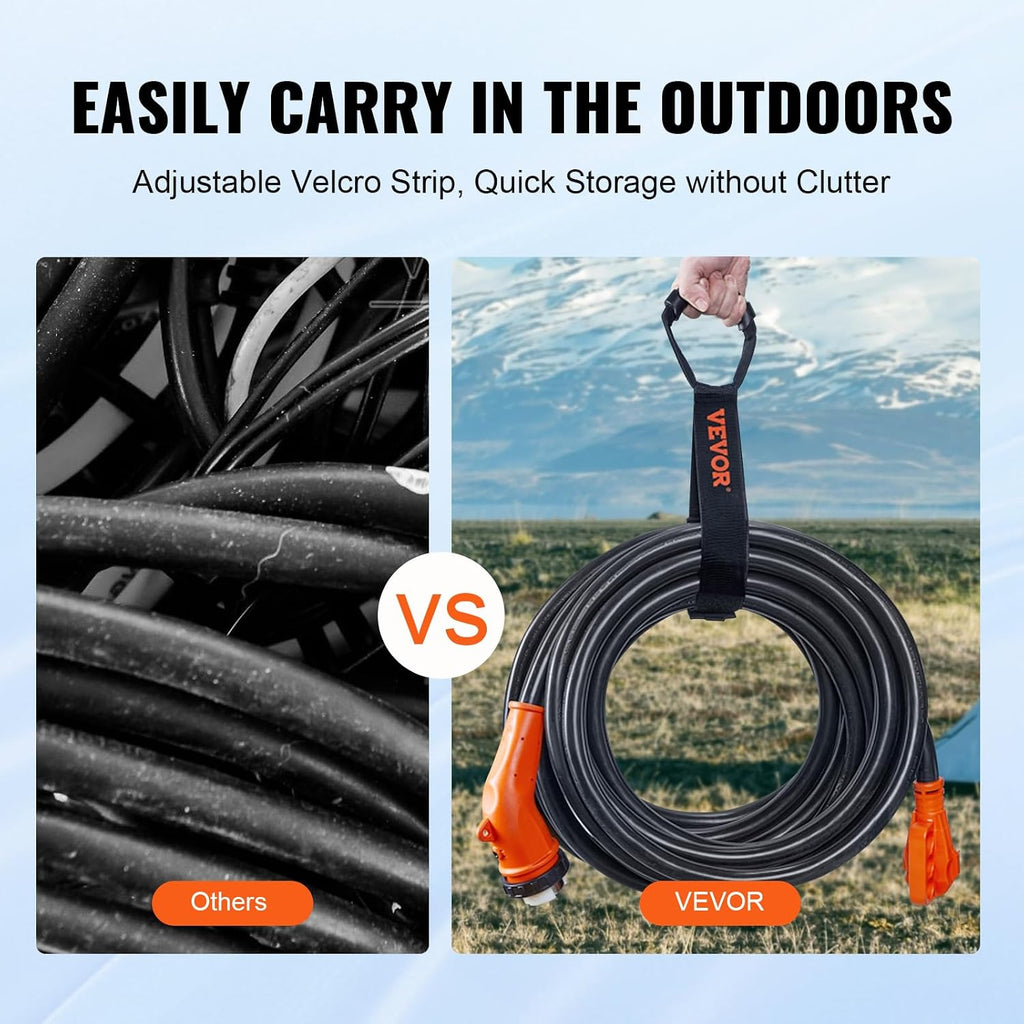VEVOR 30FT 50 Amp RV Extension Cord, 6/3+8/1 AWG Pure Copper STW Power Cord 125V/250V 12500W, NEMA 14-50P to SS2-50R with LED Indicator & 15A Adapter, ETL Listed for RV Camper Generator EV Charger