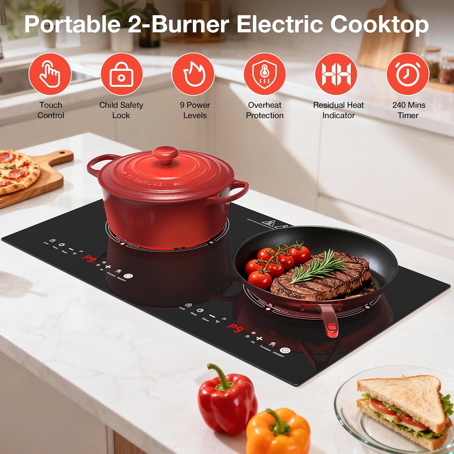 2 Burner Electric Cooktop 110V, 4000W Electric Ceramic Glass Stove Infrared Hot Plate for Cooking, 24 inch Portable Countertop & Built-in Burner, Child Lock, Timer, Touch Control, for Home Dorm Office