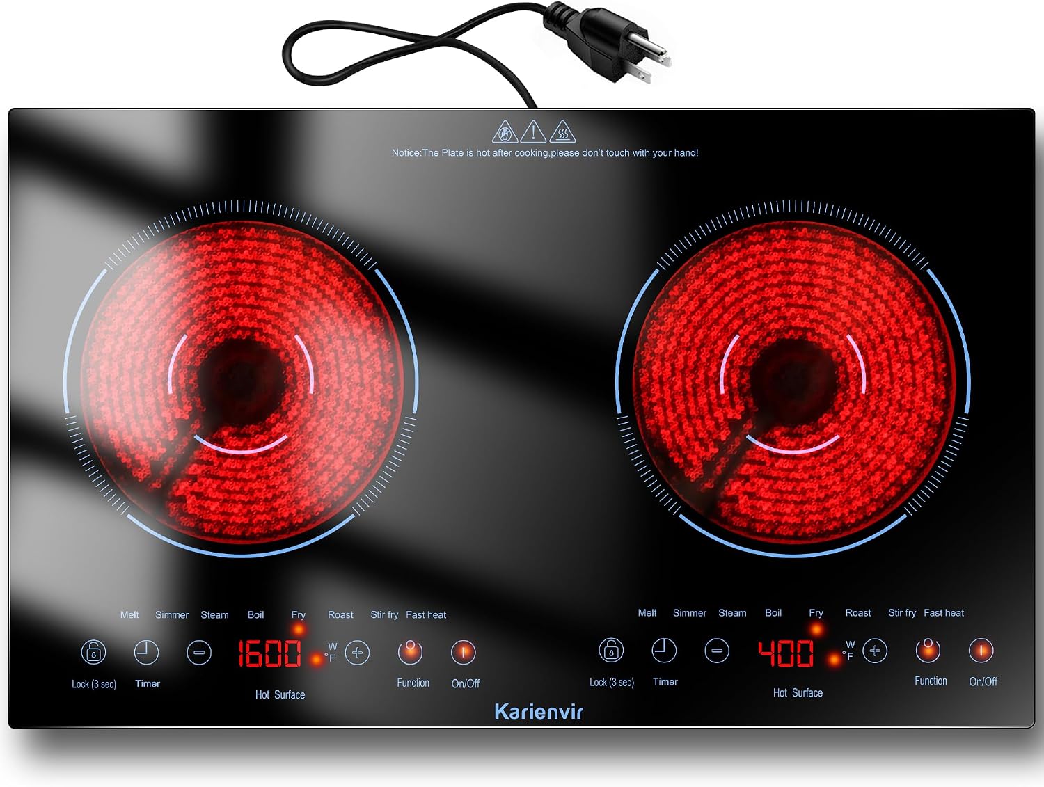 2 Burner Electric Cooktop 110v, 24 Inch Electric Stove Countertop & Built-in, Plug-in Electrics Cooktop, 8 Power Levels & 8 Functions, Touch Control, Safety Lock, Timer, 2000W, Blue