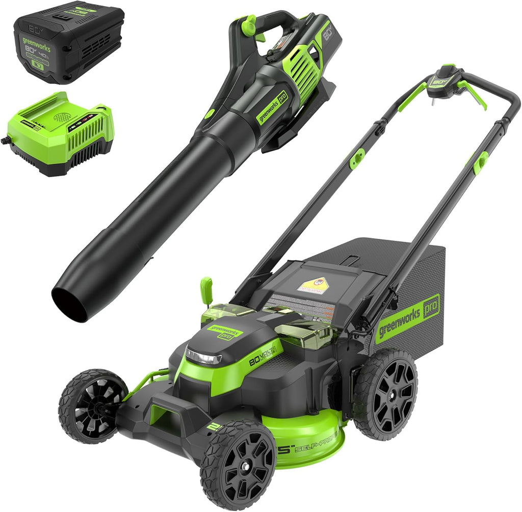 Greenworks 80V 25' Cordless Battery Brushless Self-Propelled Rear Wheel Drive 3-in-1 Lawn Mower,730 CFM Cordless Leaf Blower Combo Kit w/ (1) 4.0Ah Battery and (1)Rapid Charger