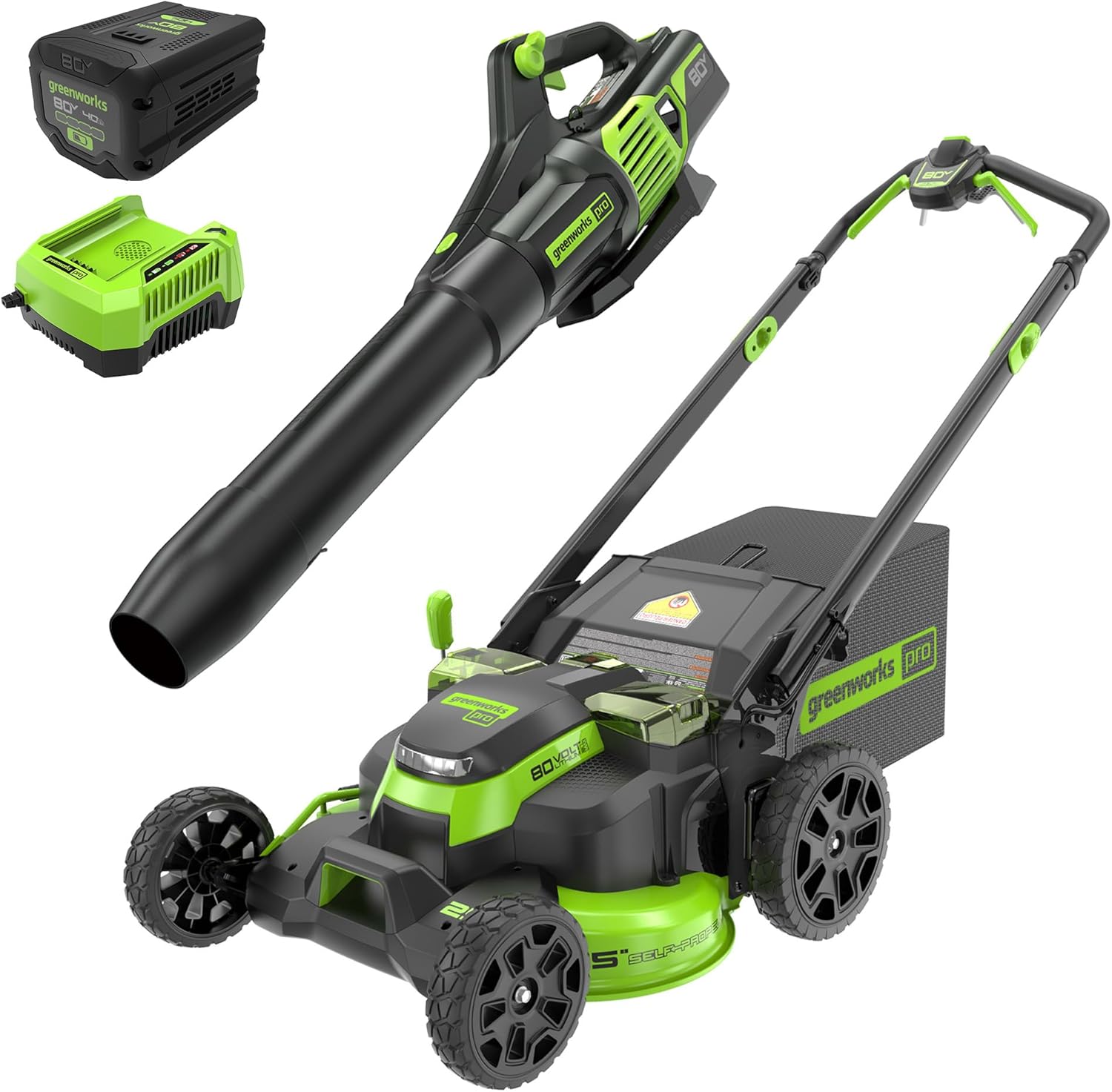 Greenworks 80V 25' Cordless Battery Brushless Self-Propelled Rear Wheel Drive 3-in-1 Lawn Mower,730 CFM Cordless Leaf Blower Combo Kit w/ (1) 4.0Ah Battery and (1)Rapid Charger
