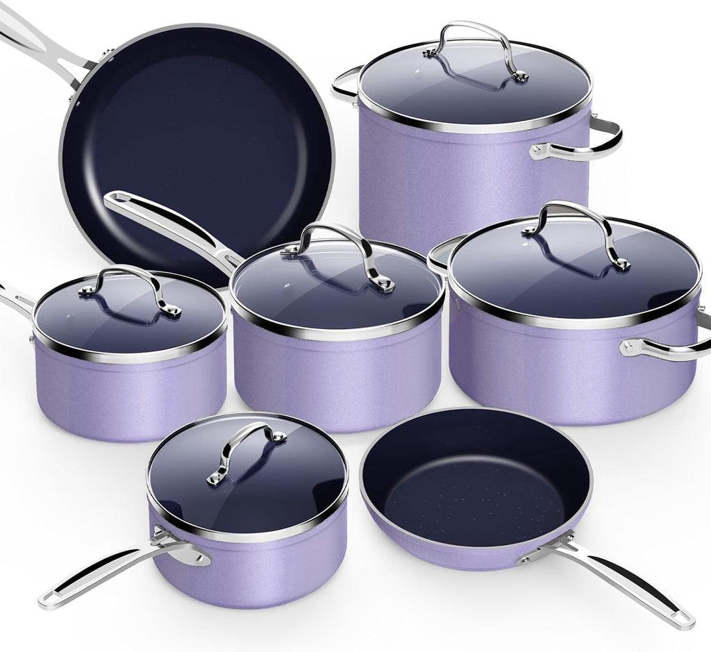 Nuwave 12pc Forged Lightweight Cookware Set, G10 Healthy Duralon Ceramic Ultra Non-Stick Coating, Vented Tempered Glass Lids, Stay-Cool Handles, Induction-Ready & Works on All Cooktops, PFAS Free