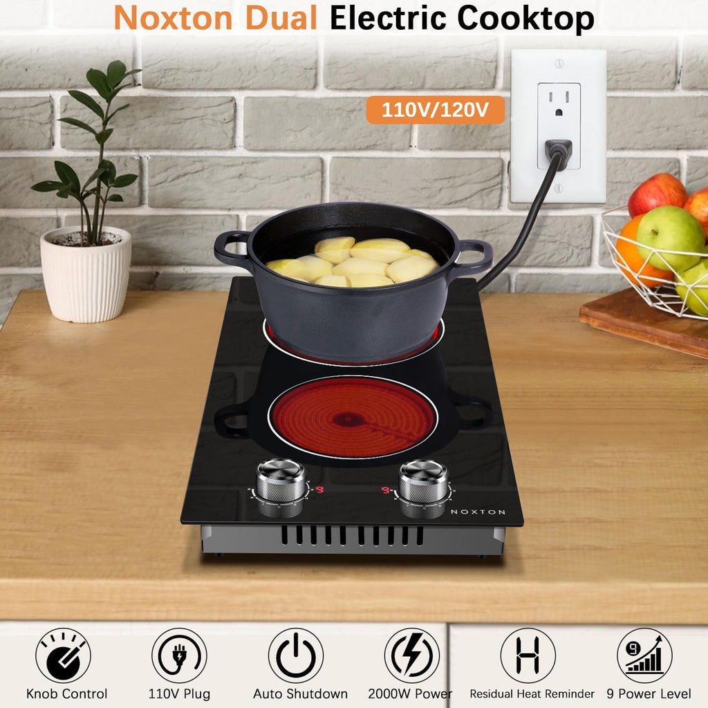 Noxton 110v Electric Cooktop 2 Burners, Plug in Electric Stove 12 Inch, Built-in or Above the Counter Use, 9 Power Level, Knob Control Ceramic Stovetop, Great for the Elderly
