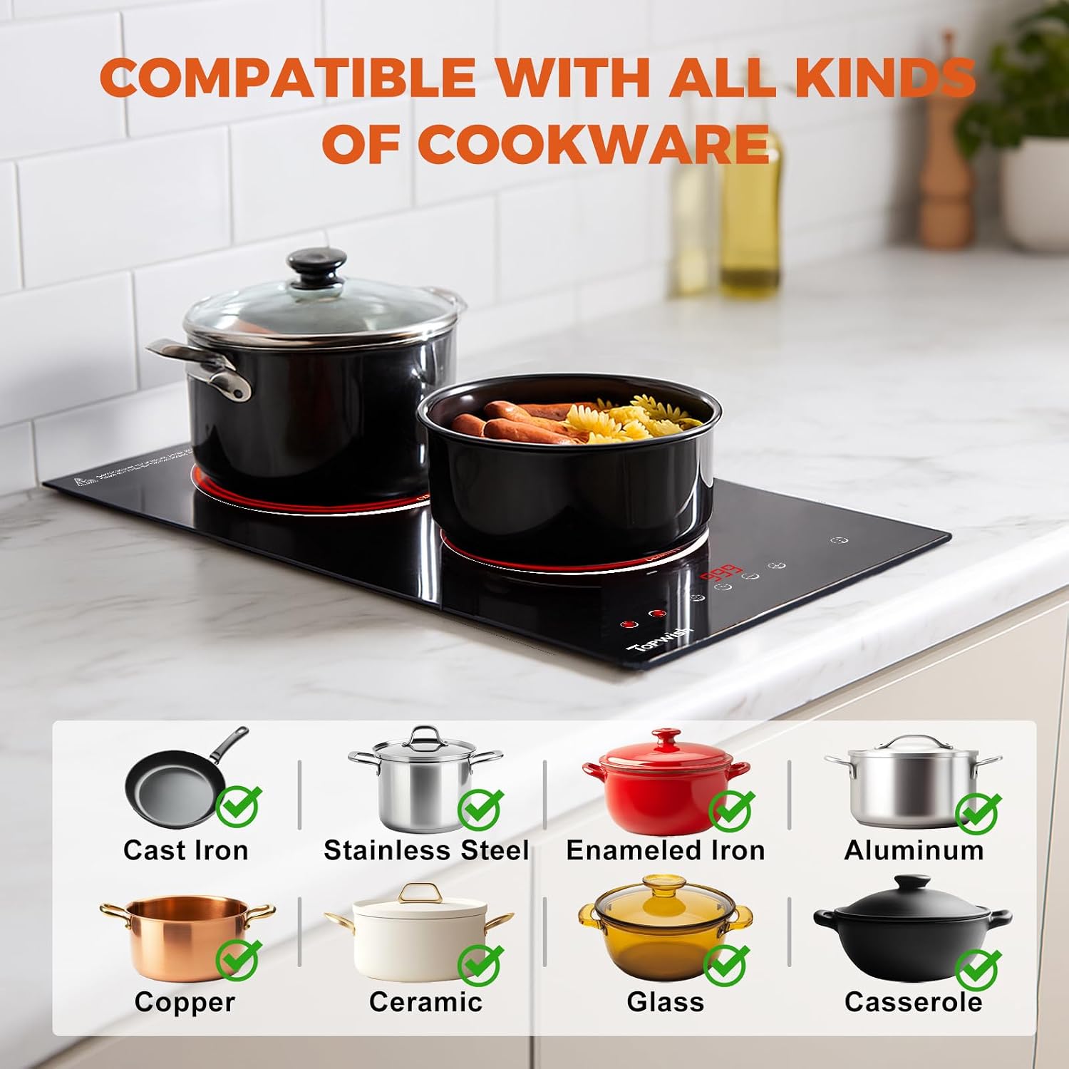 Electric Cooktop, TOPWISH 2 Burner Electric Cooktop Built-in, 110V Plug in Cook Top Stove Burners for Cooking, 12 Inch Stove Top with Touch Control, Timer, Child Lock, Over Heat Protection