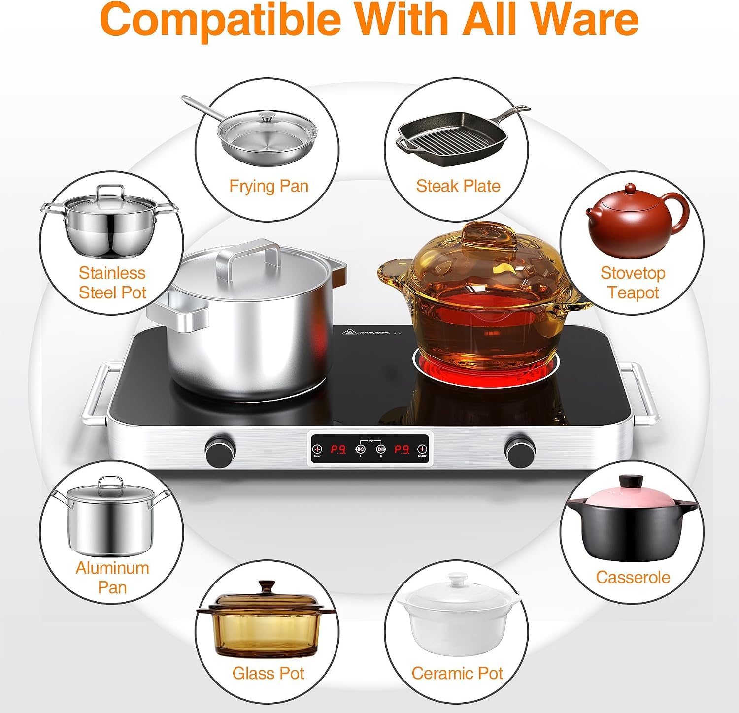 VBGK Cooktop,110V 2200W Stove with Knob Control,9 Power Levels, Kids Lock & Timer,LED touch control,Overheat Protection Stove Top,12 Inch desktop 2 burner cooktop