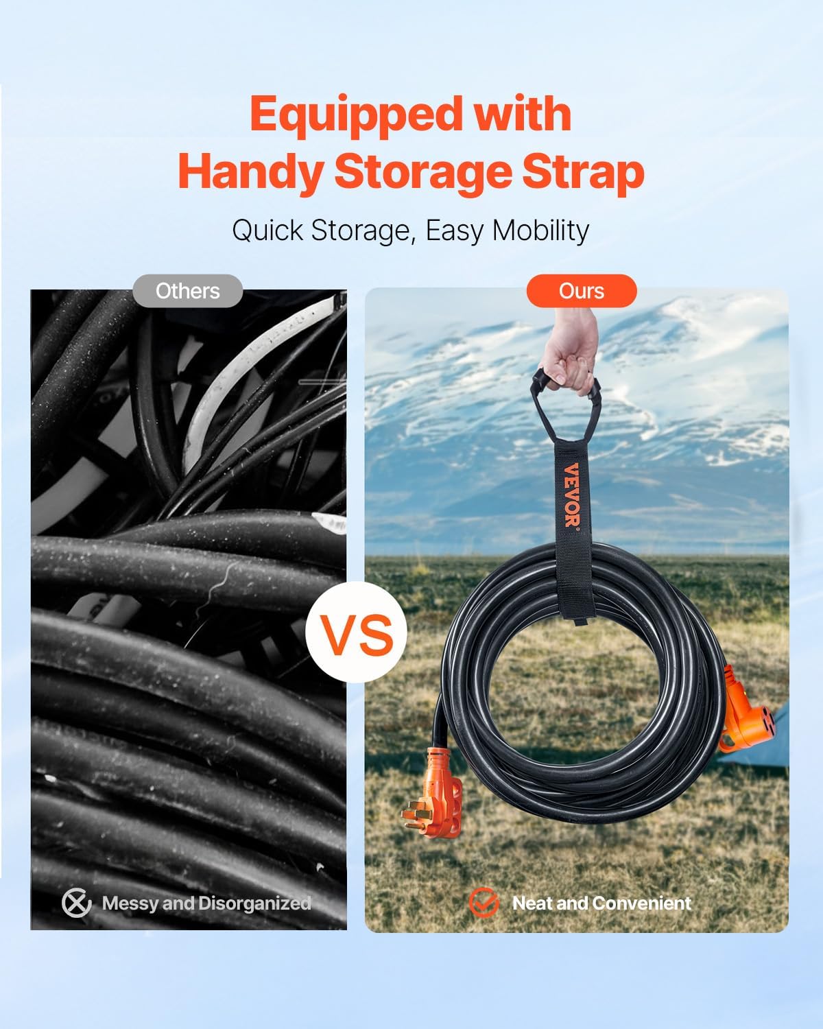 VEVOR 50FT 50 Amp RV Extension Cord, NEMA 14-50P to 14-50R, Heavy Duty STW 6/3+8/1 AWG Copper Wire, 125/250V Outdoor Power Cord for EV Charging RV Camper, 12500W, ETL Listed