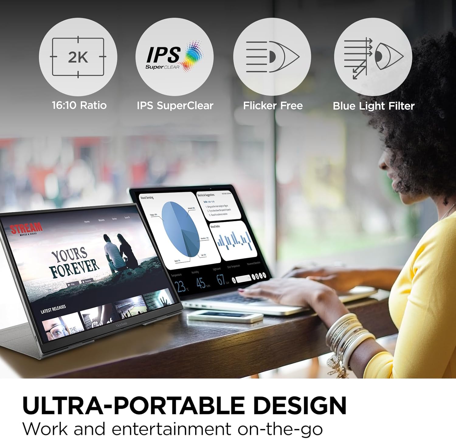 ViewSonic VG1656-2K 16 Inch 1600p Portable Monitor, WQXGA IPS for Improved Workflows and Second Screen Productivity, Built-in Stand, 65W USB-C, mini HDMI, and Smart Cover Inputs