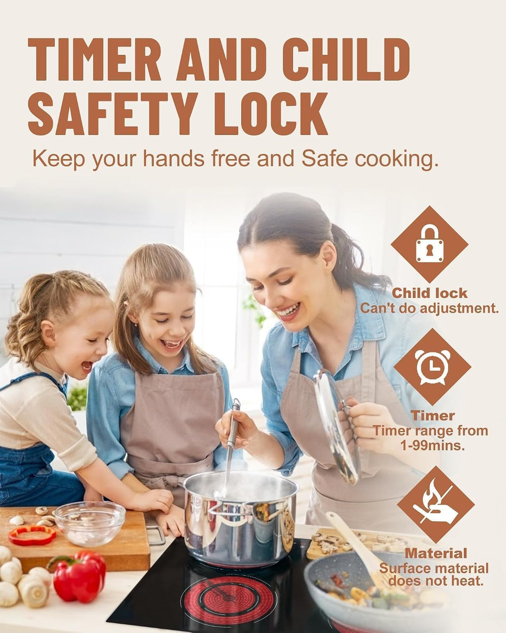 30 Inch Electric Cooktop 4 Burners, 6700W Built-in Electric Stove Top, Touch Control with 9 Power Levels, Hot Surface Indicator, Child Safety Lock, 99-Min Timer, 220-240V