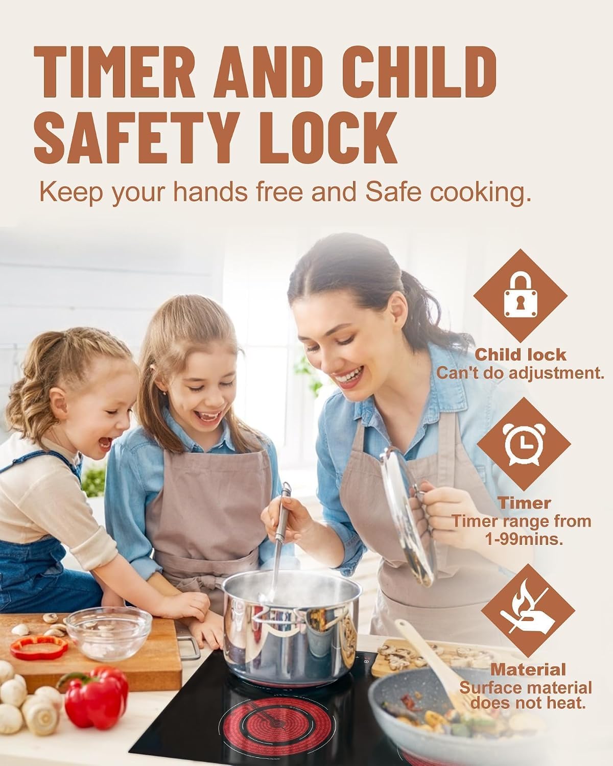 30 Inch Electric Cooktop 4 Burners, 6700W Built-in Electric Stove Top, Touch Control with 9 Power Levels, Hot Surface Indicator, Child Safety Lock, 99-Min Timer, 220-240V
