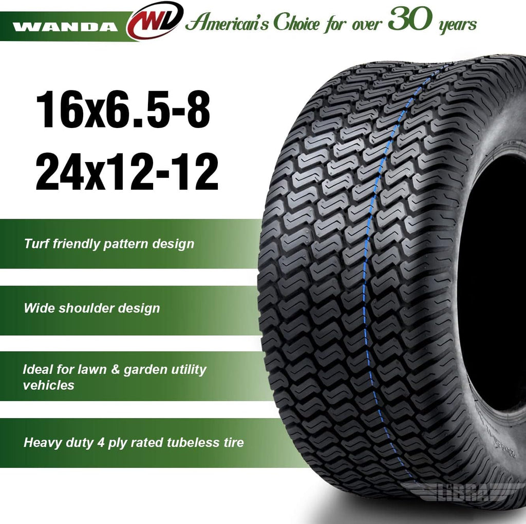 WANDA Set of 4 Lawn Mower Turf Tires 16x6.5-8 Front & 24x12-12 Rear /4PR