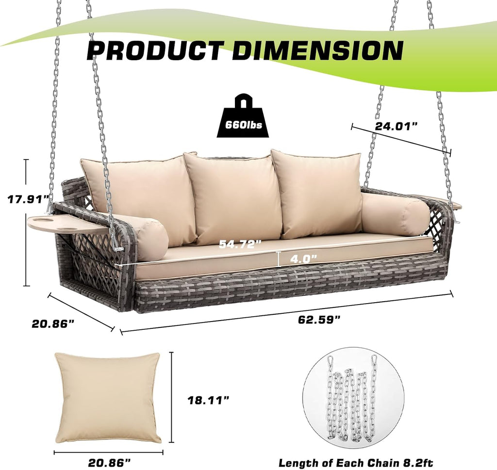 Grepatio Wicker Hanging Porch Swing - Outdoor 3 Person Patio Swing Bench with Cushion & Chains - 3-Seat Porch Swing Chair with Cup Holder for Garden, Yard, Lawn (Khaki Grey Rattan)