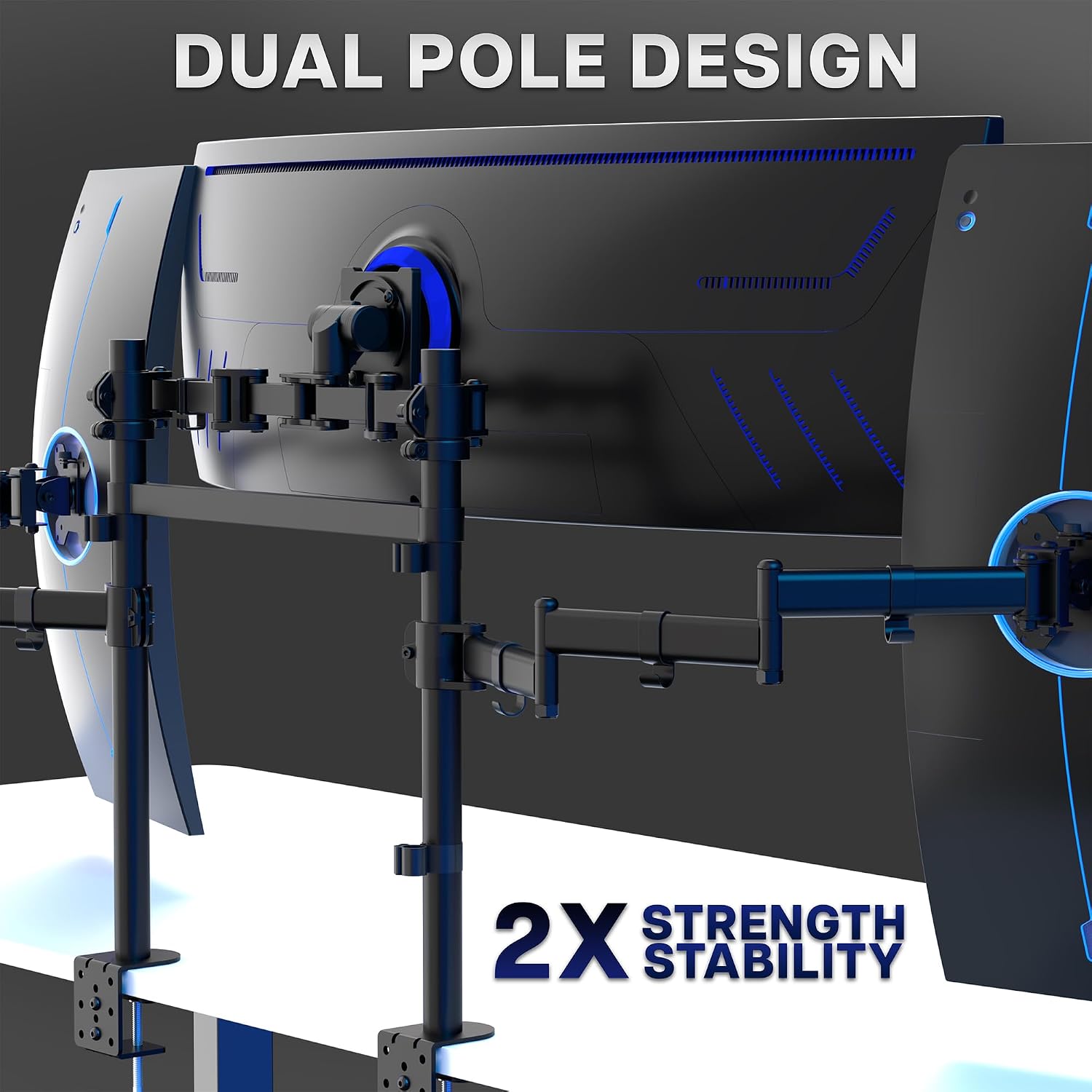 VIVO Clamp-on Dual Pole Triple Monitor Desk Mount for 1 Center Utrawide up to 49 inches and 59.4 lbs, 2 Side Screens up to 38 inches and 17.6 lbs, Low Profile Adjustable Stand, Black, STAND-V300CU