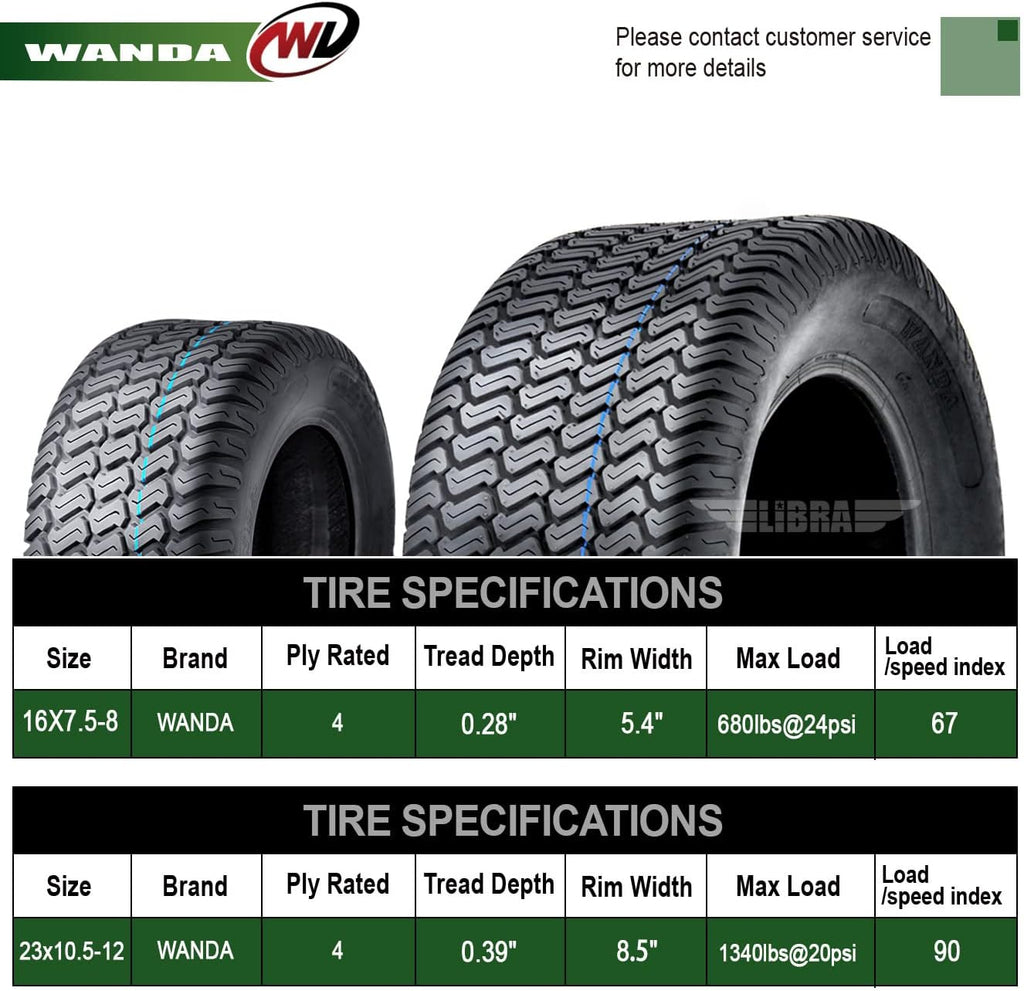 WANDA Set 4 16X7.5-8 & 23X10.5-12 Lawn Mower Tractor Cart Turf Tires 4 Ply-13020/13049