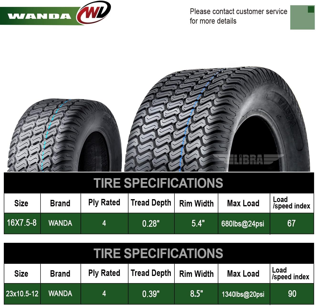 WANDA Set 4 16X7.5-8 & 23X10.5-12 Lawn Mower Tractor Cart Turf Tires 4 Ply-13020/13049