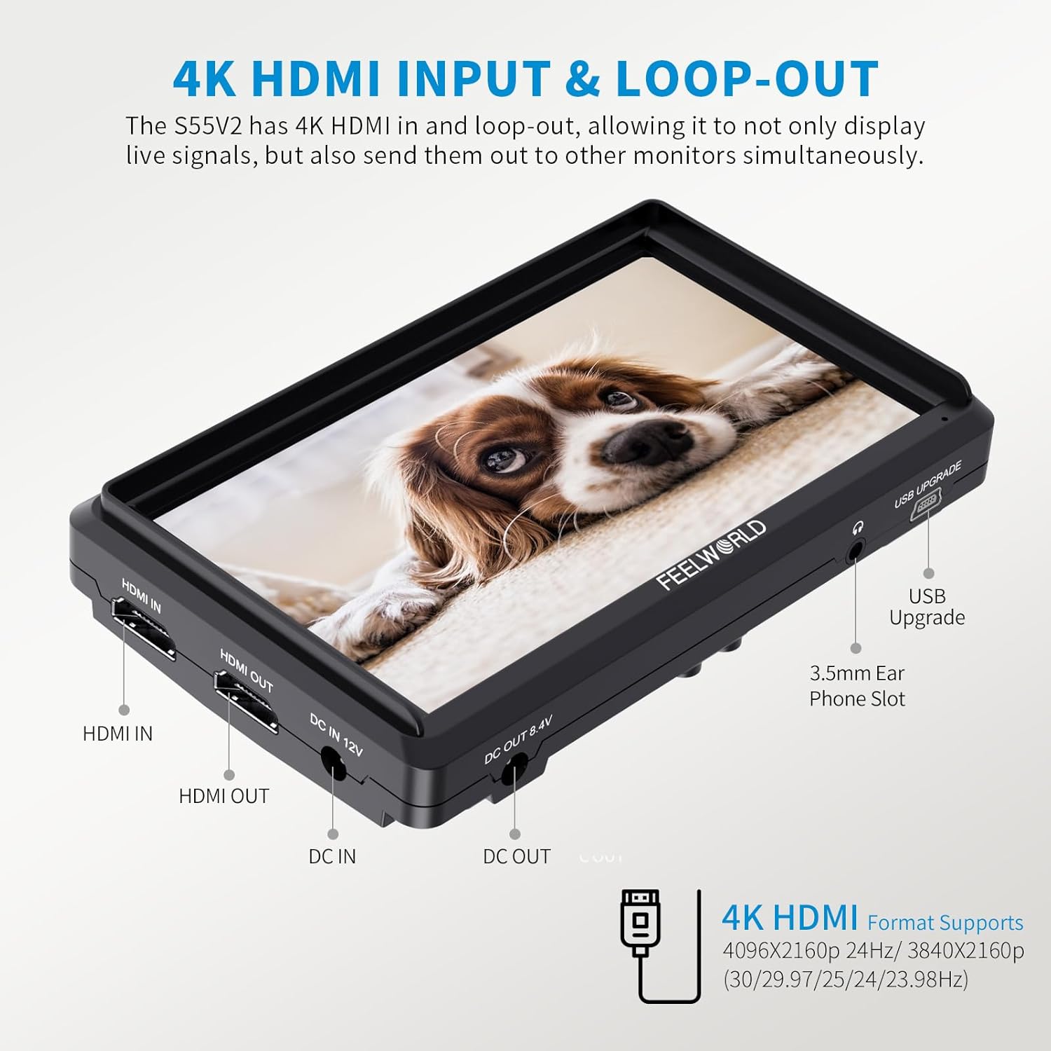 FEELWORLD S55 V3 6 Inch 500nit On Camera DSLR Field Monitor 4K HDMI Input Output 3D LUT Waveform Focus Assist, See Clearly, No More Guessing for Video Shooting Vlogging with F550 Battery and Bag