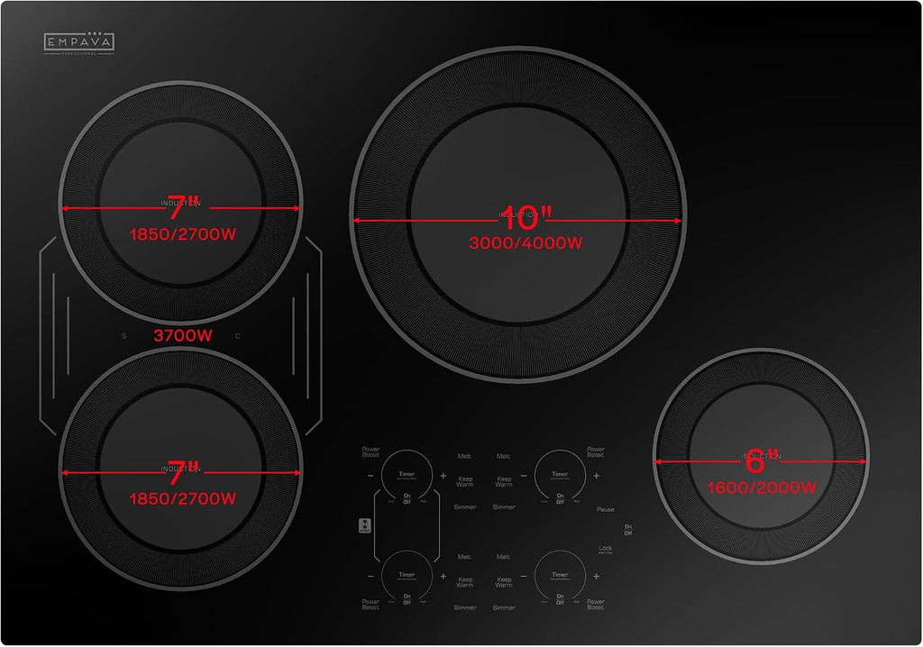 Empava 30 Inch Built-in Induction Cooktop 4 Burner, Bridge-SYNC, Auto RapidHeat, 3 Preset Modes, Pan Sensor, Hardwired 208~240V, 40A, Black Vitro Ceramic Glass