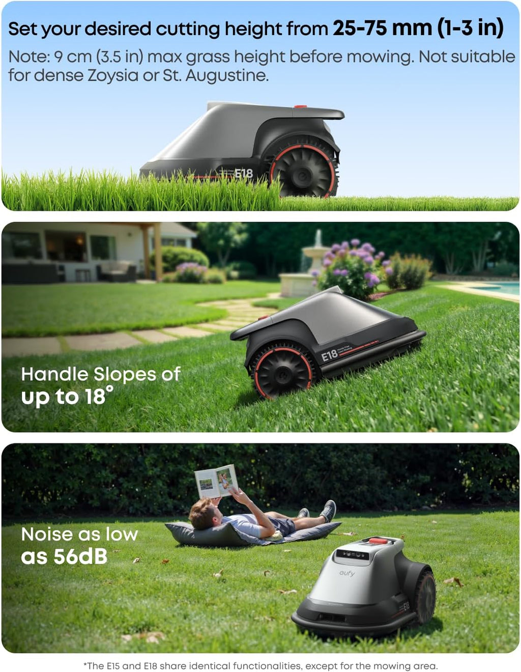 eufy E18 Robot Lawn Mower, Max 0.3 Acres, Vision Navigation, Hands-Free Auto Mapping, Wire Free RTK Free, Multi-Zone Management, AI Obstacle Avoidance, APP Control, 18° Slope, Cut Height 1'-3'