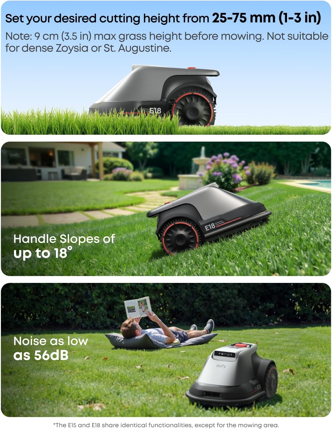 eufy E18 Robot Lawn Mower, Max 0.3 Acres, Vision Navigation, Hands-Free Auto Mapping, Wire Free RTK Free, Multi-Zone Management, AI Obstacle Avoidance, APP Control, 18° Slope, Cut Height 1'-3'