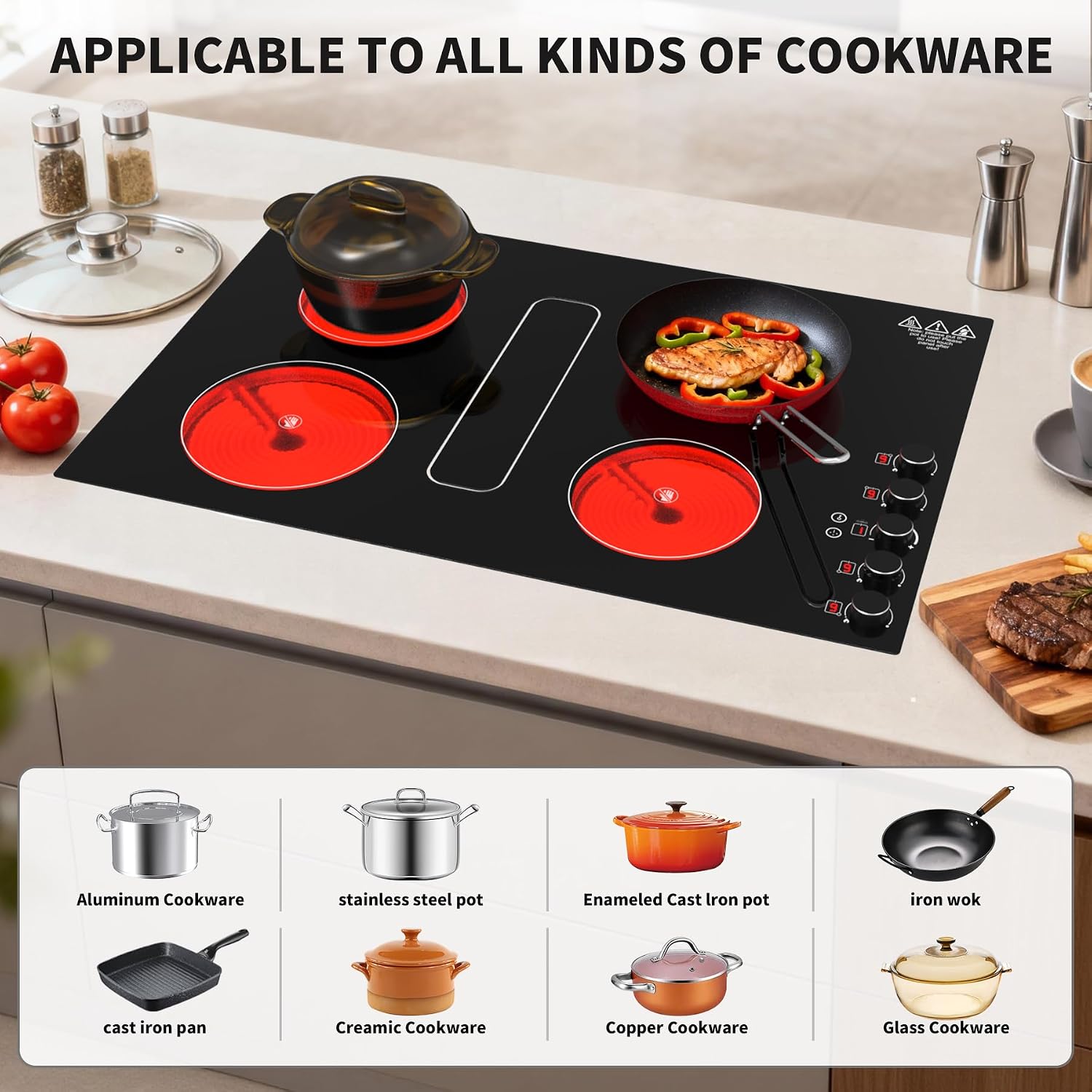 30' Electric Cooktop with Downdraft – 4 Burner 6000W Built-in Electric Stove, BBQ Bridge Burner, Timer, Safety Lock, Recirculating Vent (220V-240V)