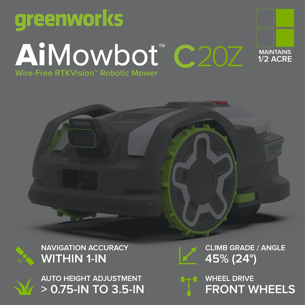 Greenworks C20Z Wire-Free Robotic Lawn Mower, up to 1/2 Acre, RTKVision Navigation, 24-Degree Slope Climbing, Smart Obstacle Avoidance, App Control with Electric Height Adjustment