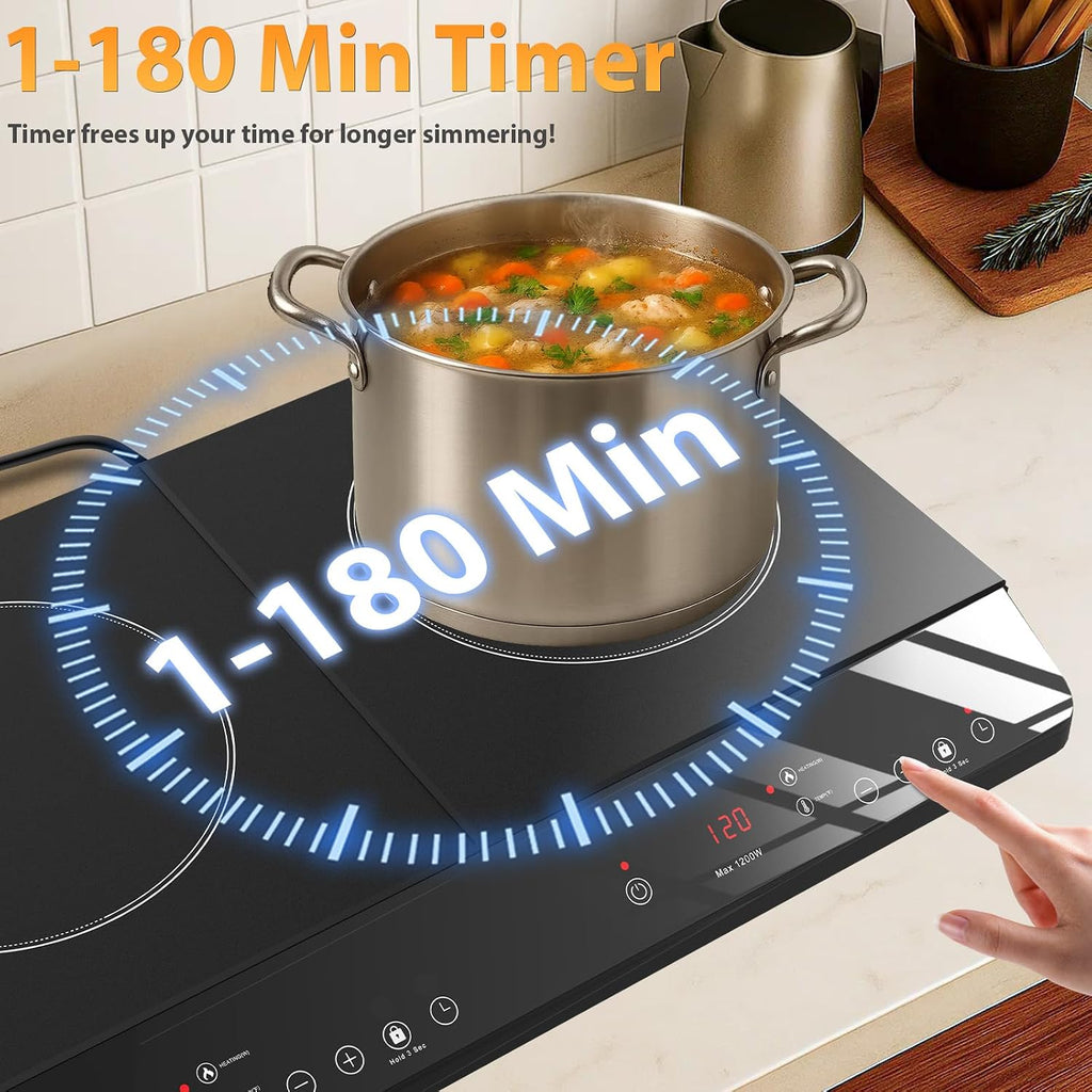 Double Burner Induction Cooktop, 1800W Portable Induction Cooktop 2 Burner with 9 Temp & Power Independent Touch Control, Electric Stove Top Cooker with Safety Lock, 3 Hour Timer