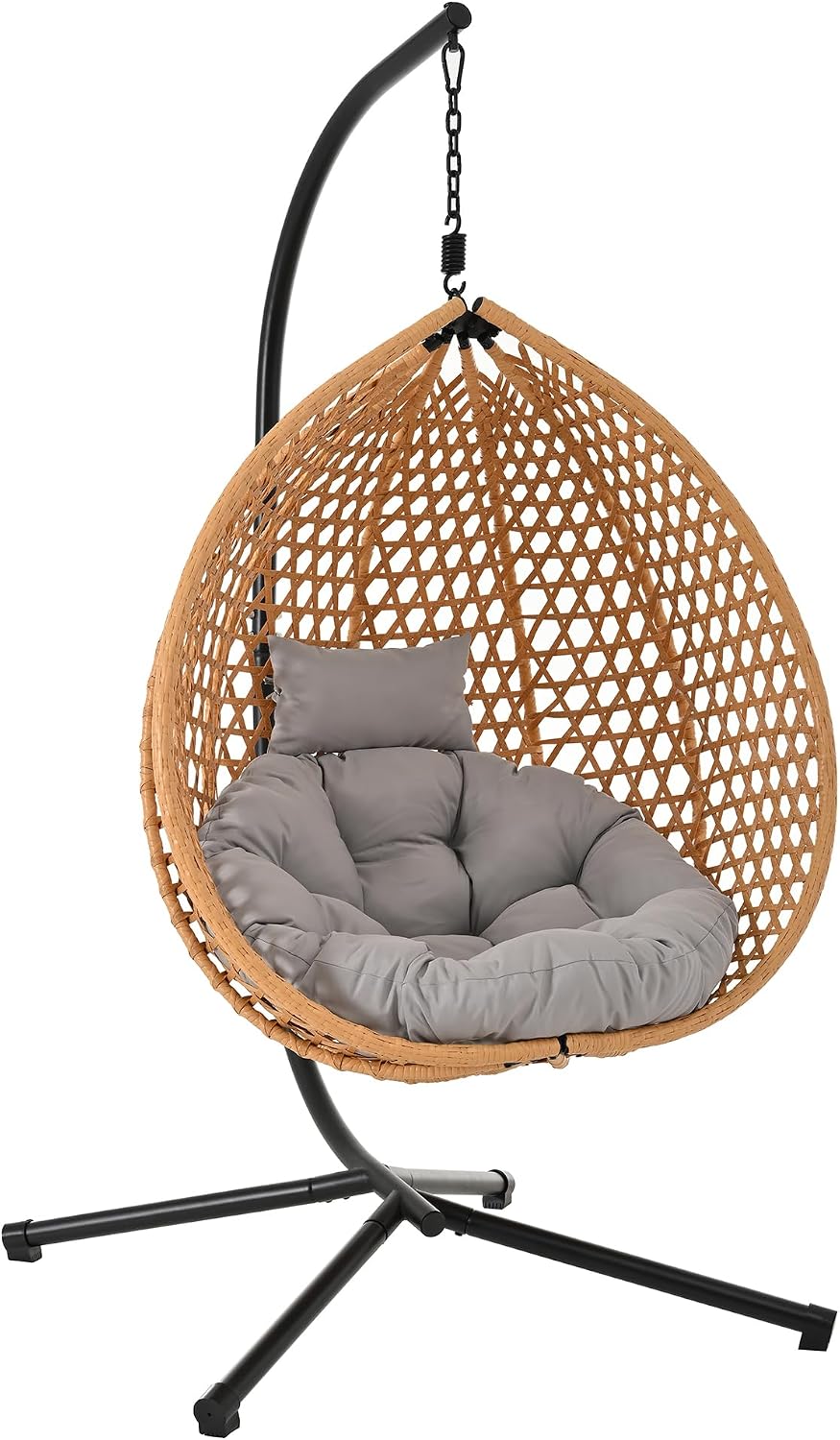 Single Hammock Chair with Stand Durable Hanging Egg Chair with Rattan Weaving, Indoor Outdoor Swing Chairs with Soft Removable Cushion for Balcony, Bedroom, Patio, or Garden, Natural+Grey