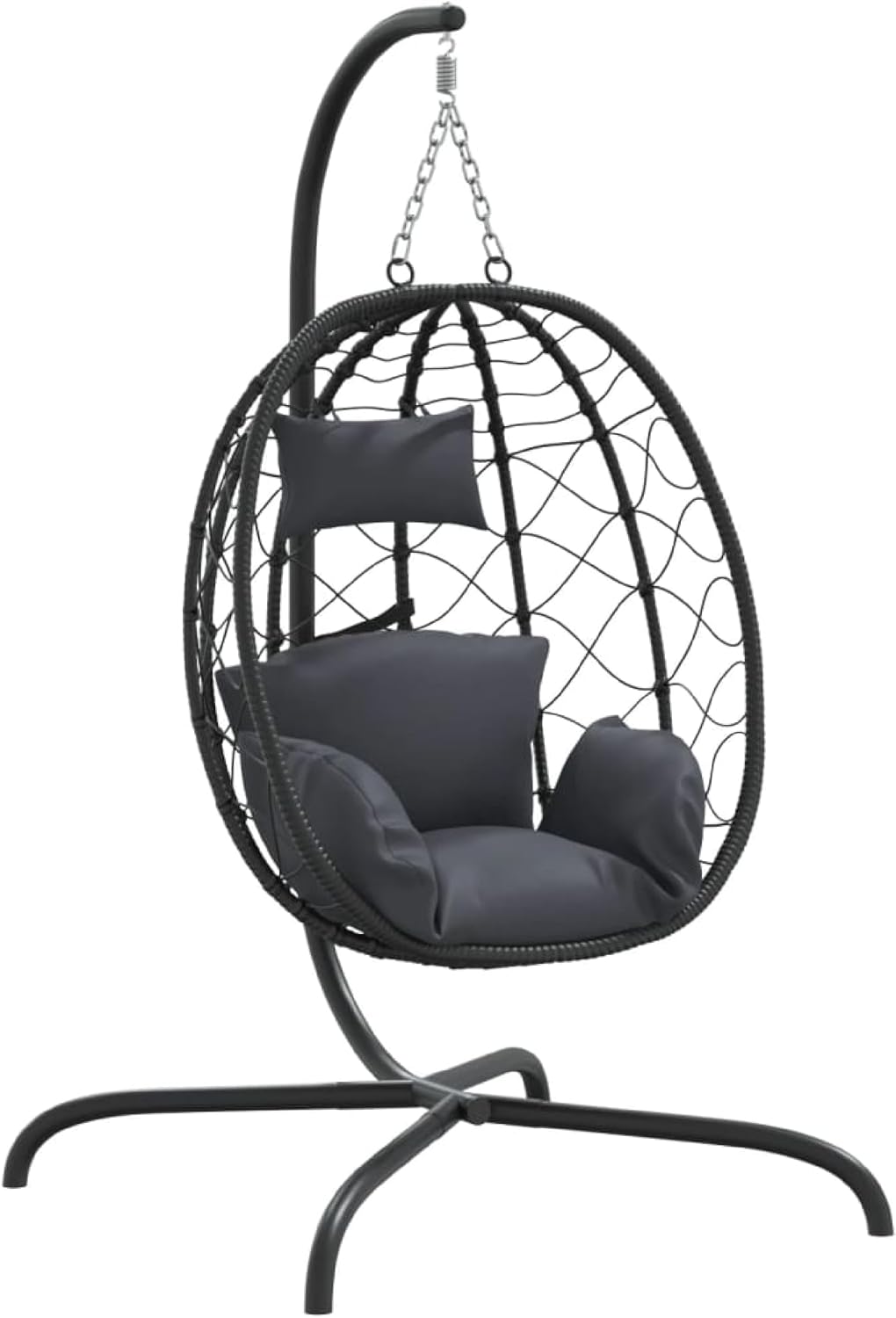 Outdoor Hanging Egg Chair Swing, Gray Cushions, Black Poly Rattan, Steel