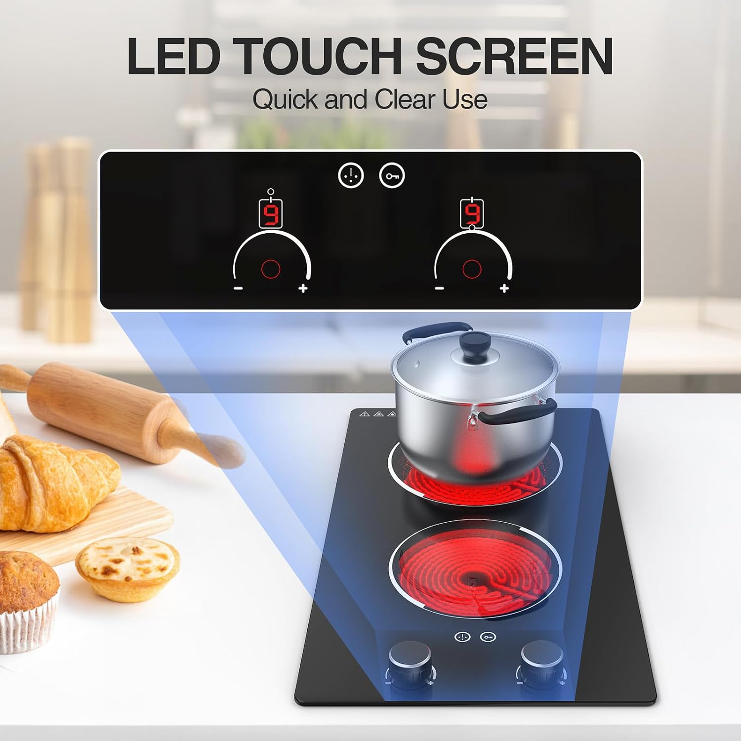 110v Electric Cooktop 2 Burners, 12'' Electric Stove Top with Plug in, Knob Control Countertop & Built-in Ceramic Cooktop, 9 Power Levels, Child Lock, Timer, Over-Heat Protection