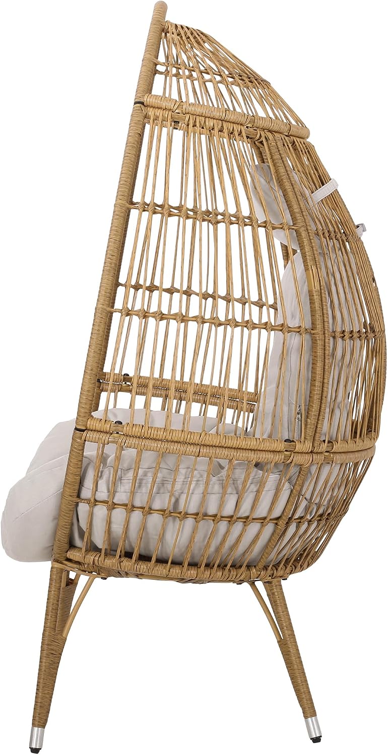 Wicker Egg Chair, Wicker Lounge Chair with Water Resistant Cushion, Indoor Outdoor Lounger for Patio, Backyard, Living Room (Light Brown)